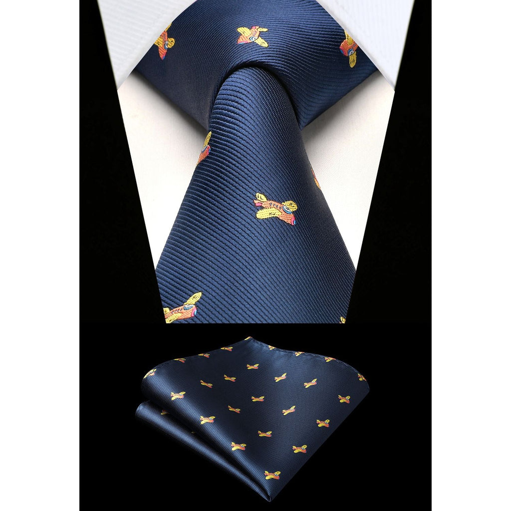 Hisdern Navy Blue Airplane Cute Print Pattern Tie Set