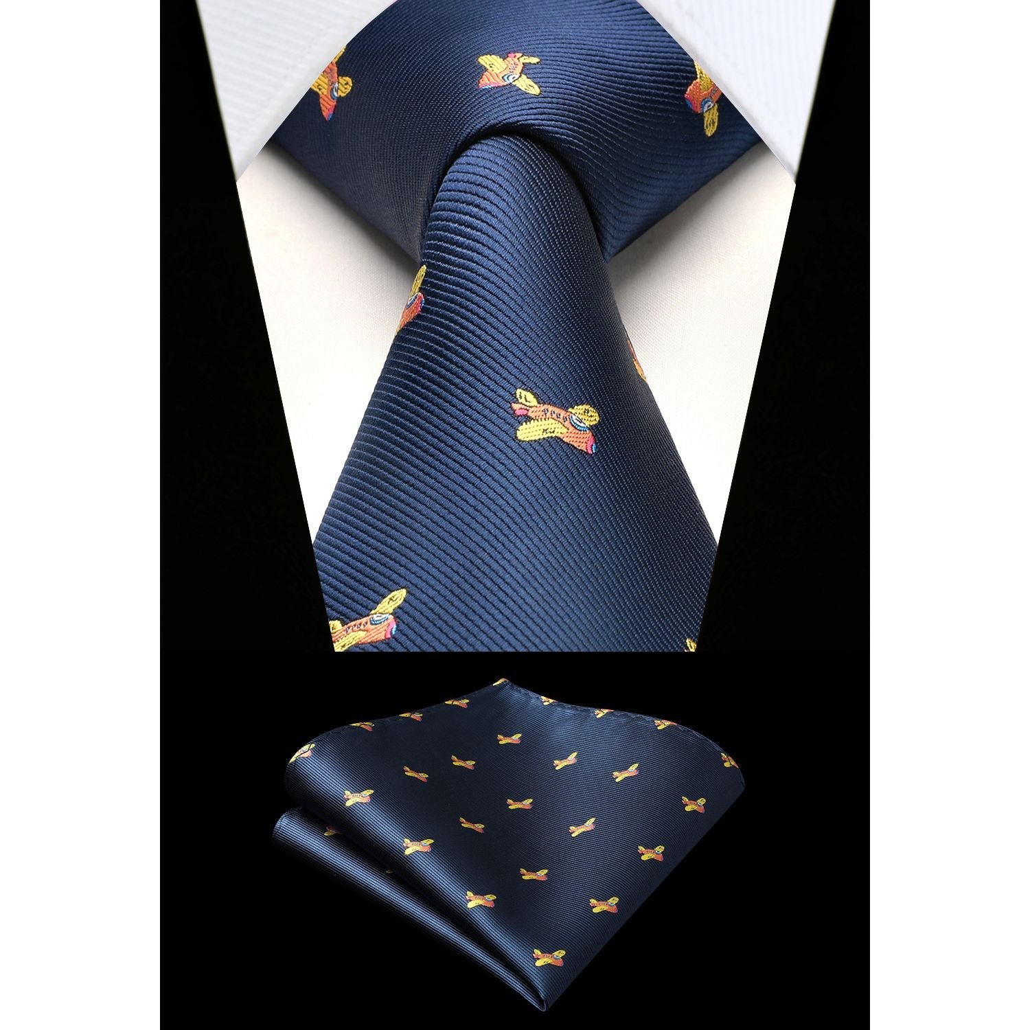 Hisdern Navy Blue Airplane Cute Print Pattern Tie Set