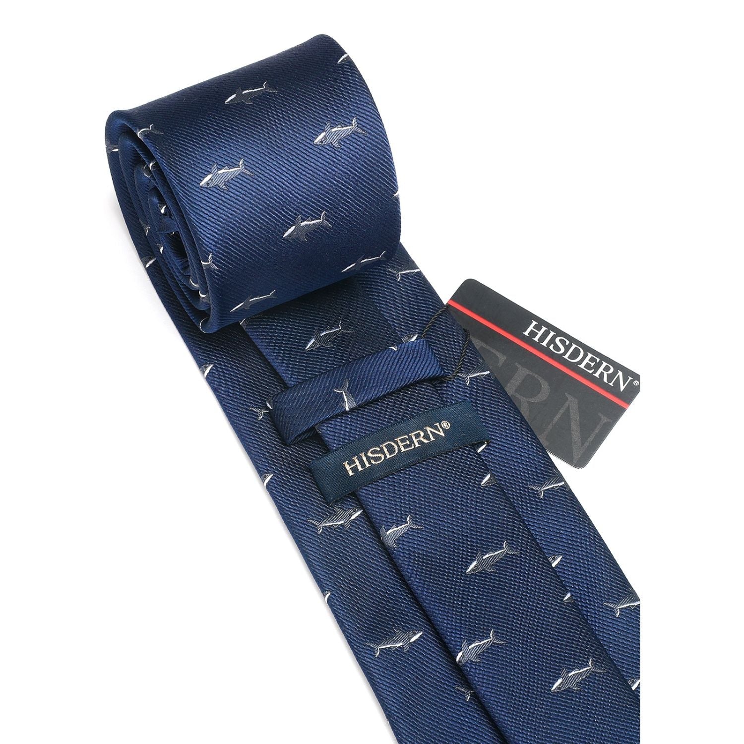 Hisdern Navy Blue Shark Cute Print Pattern Tie Set