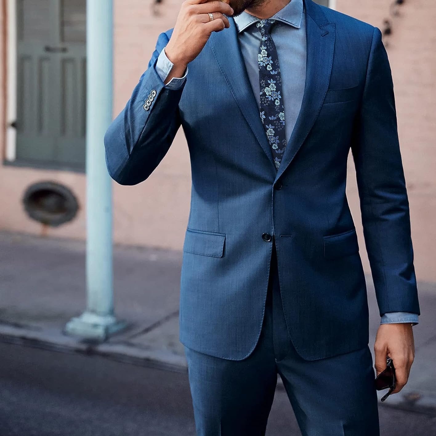 Hisdern Floral Print Skinny Tie Slim 2.17'' Formal Blue Wedding Tie
