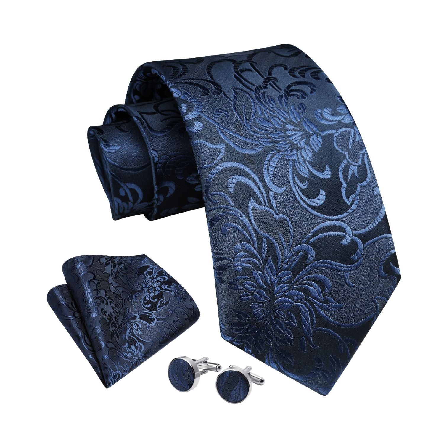 Hisdern Navy Blue Floral Wedding Tie Set with Cufflinks