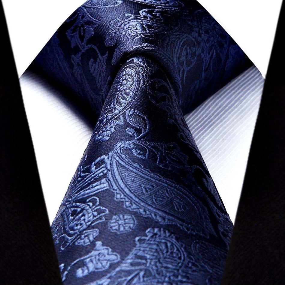 Hisdern Navy Blue Paisley Tie Set For Formal Wear