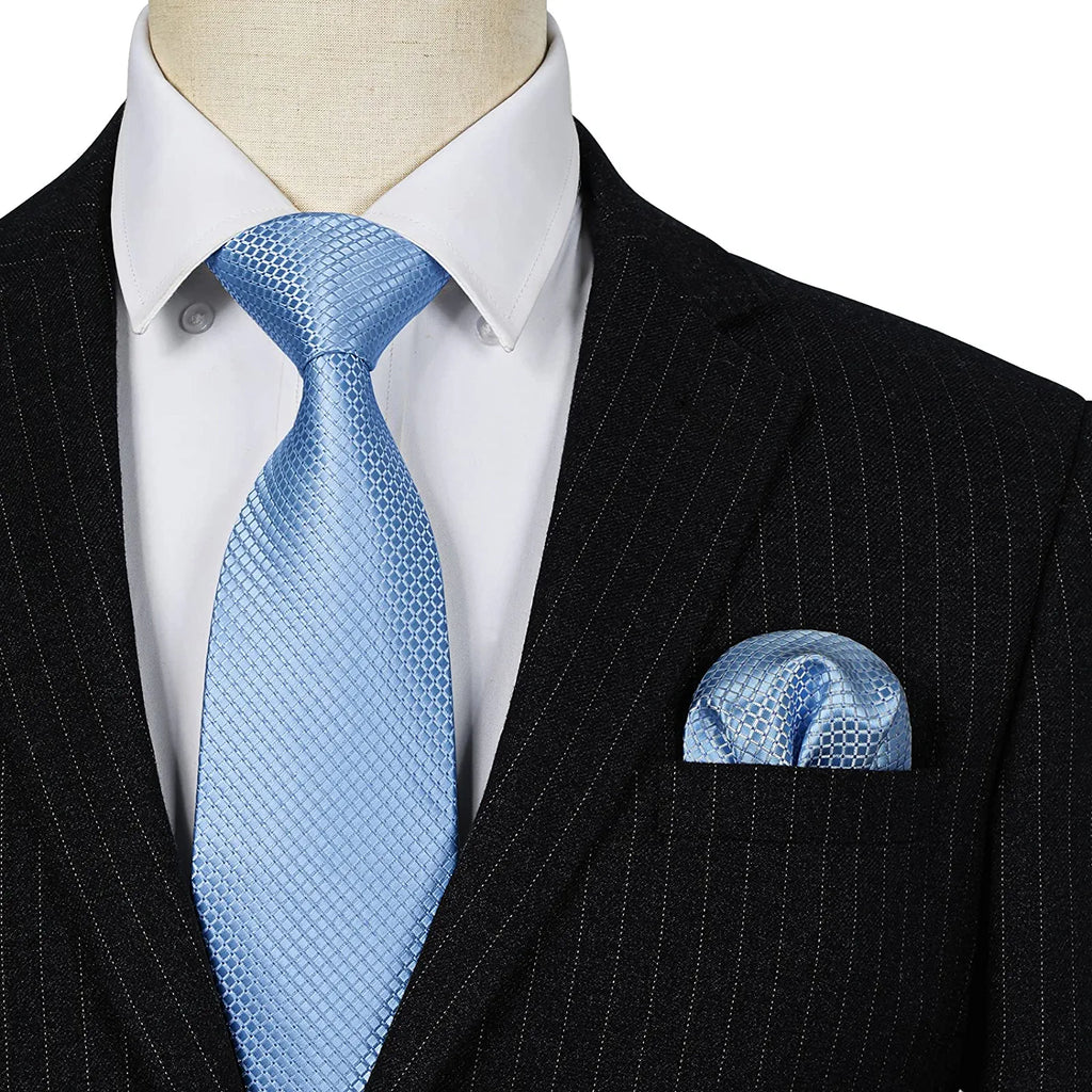 Hisdern Blue Plaid Pocket Square With Matching Tie