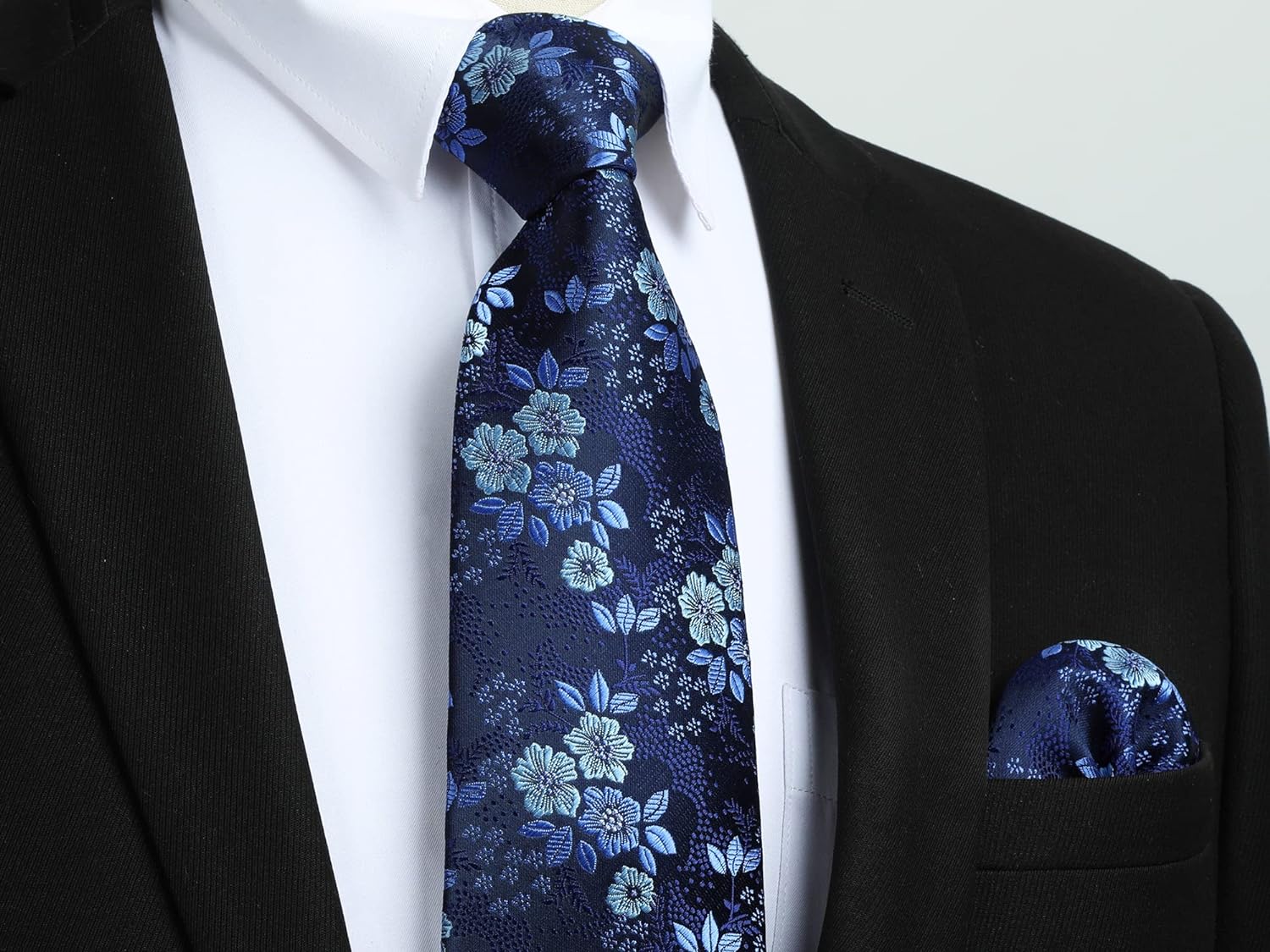 Hisdern Navy Blue Floral Wedding Tie Set with Cufflinks