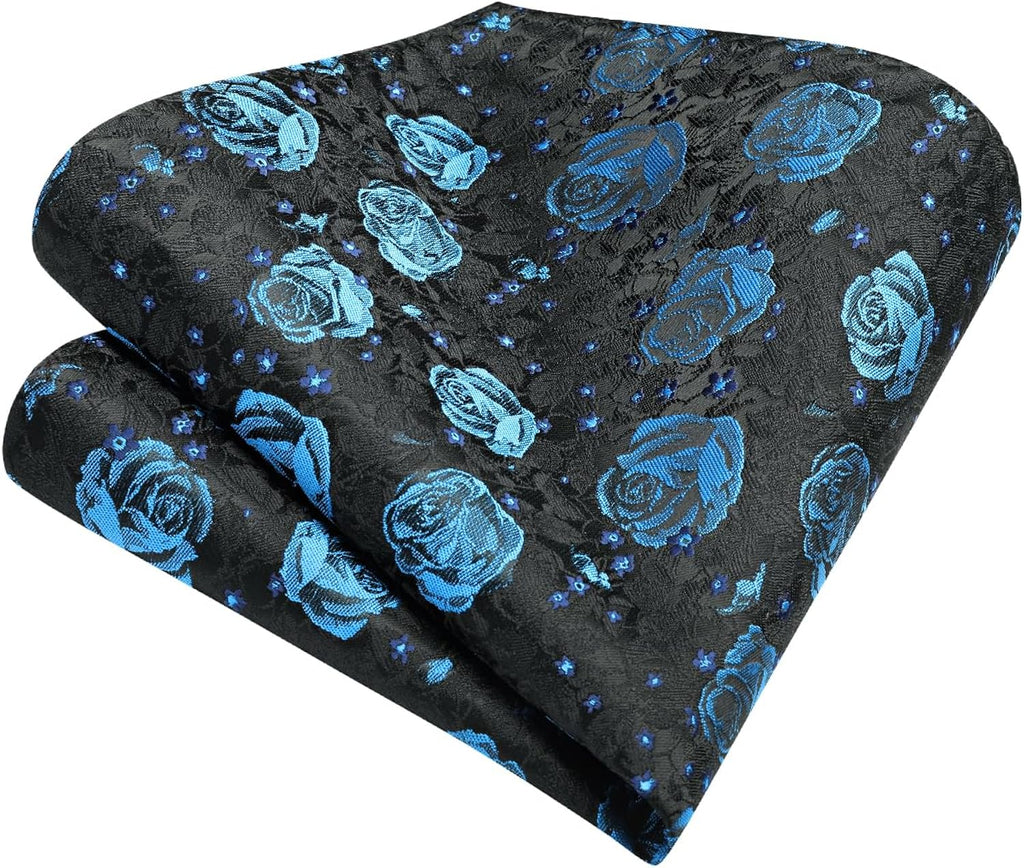 Hisdern Navy Blue Floral Wedding Tie Set with Cufflinks