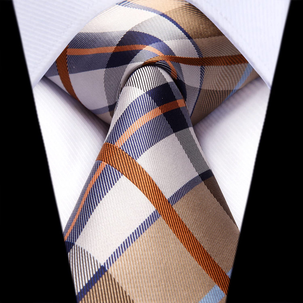 Hisdern Brown Blue Plaid Tie Set For Groomsmen