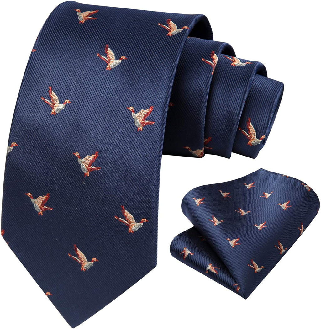 Hisdern Navy Blue Bird Print Men's Suit Tie Set