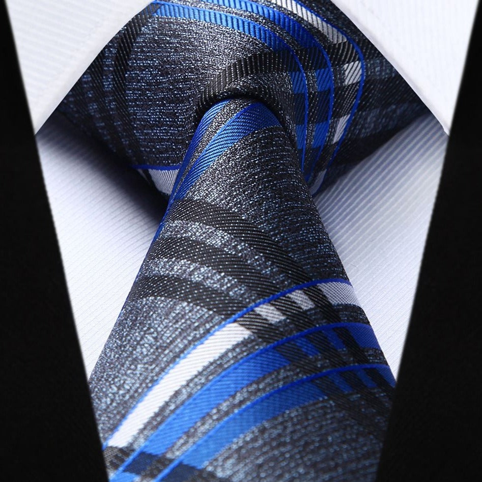 Hisdern Grey Blue Plaid Tie Set For Groomsmen