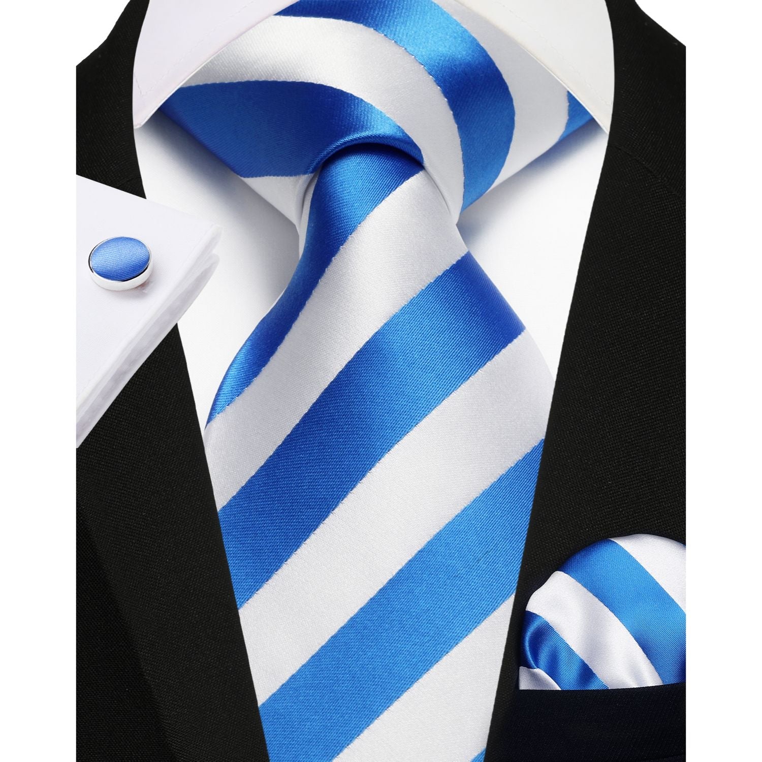 Hisdern Blue White Striped Wedding Accessories Set with Cufflinks