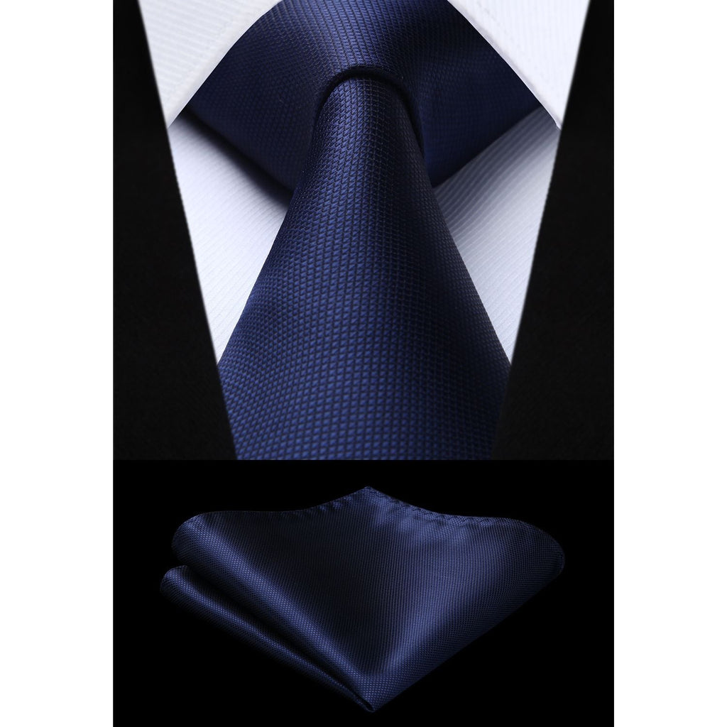 Hisdern Navy Blue Plaid Pocket Square With Matching Tie