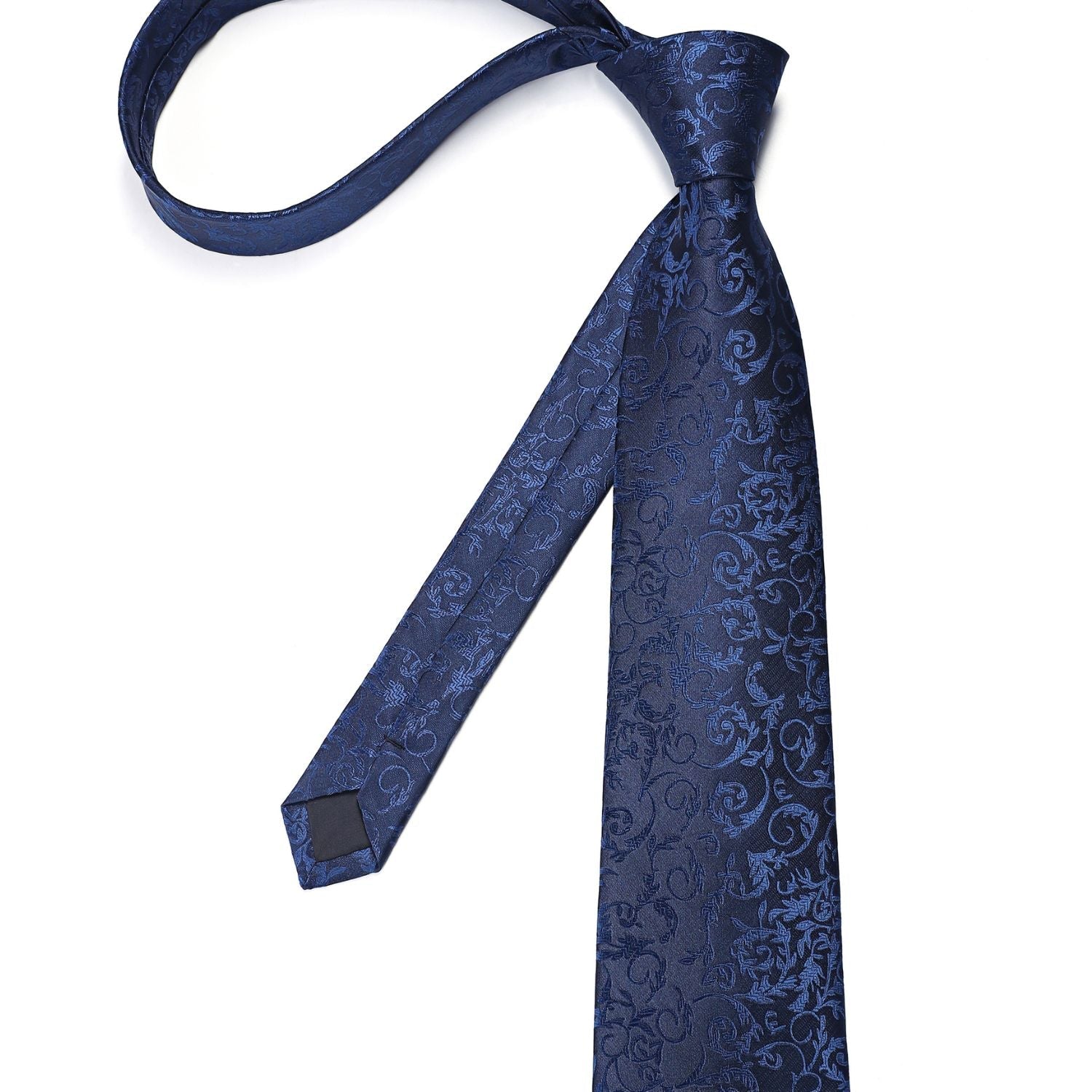 Hisdern Navy Blue Floral Wedding Tie Set with Cufflinks Clip