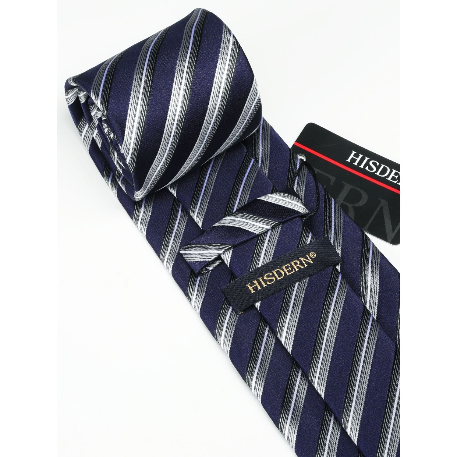Hisdern Navy Blue Striped Wedding Accessories Set with Cufflinks