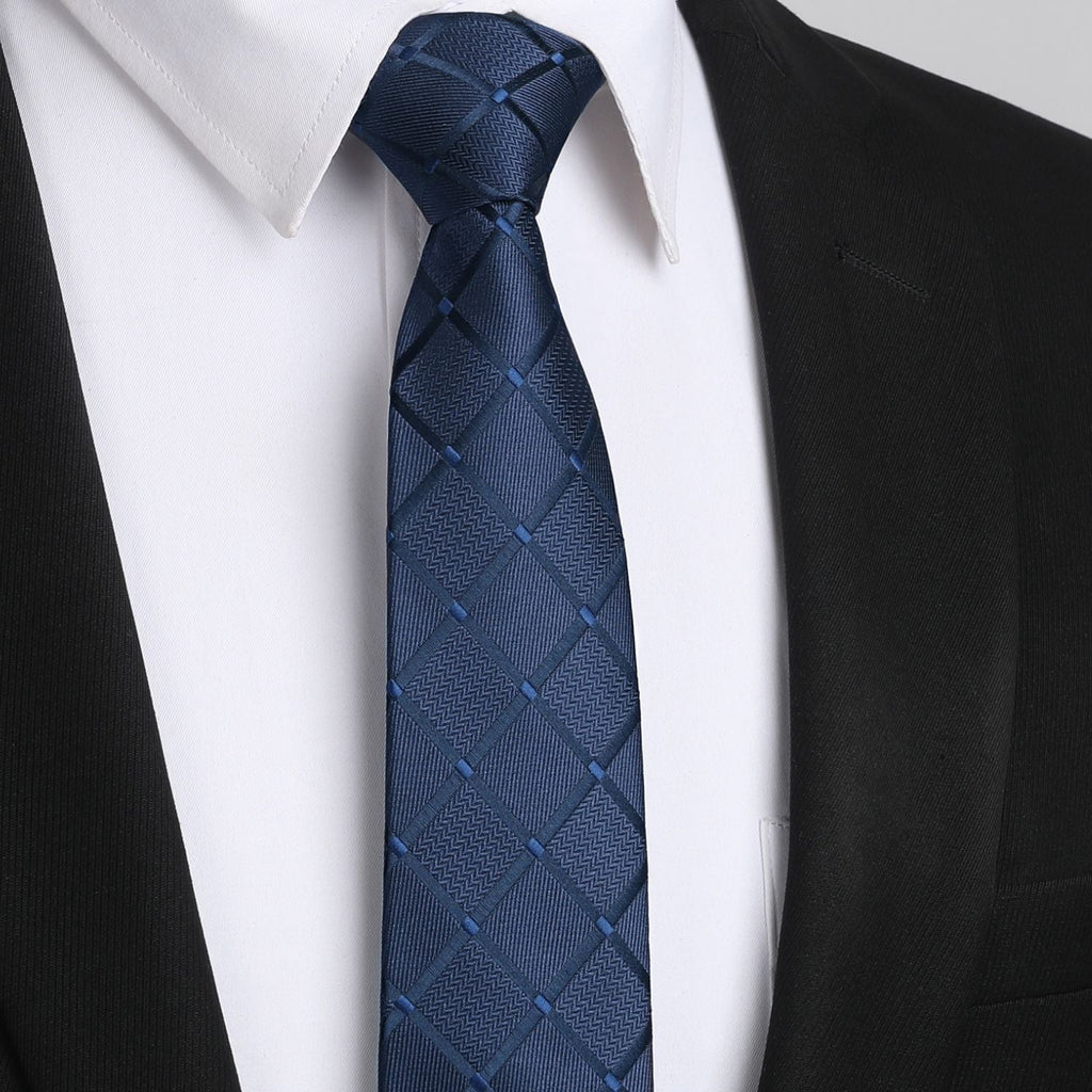 Hisdern Plaid Print Skinny Tie Slim 2.17'' Formal Navy Blue Wedding Tie