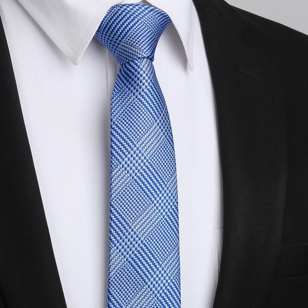 Hisdern Plaid Print Skinny Tie Slim 2.17'' Formal Blue Wedding Tie