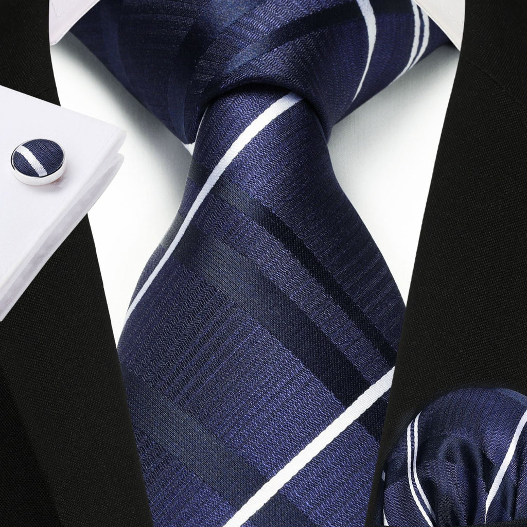 Hisdern Navy Blue Plaid Wedding Accessories Set with Cufflinks