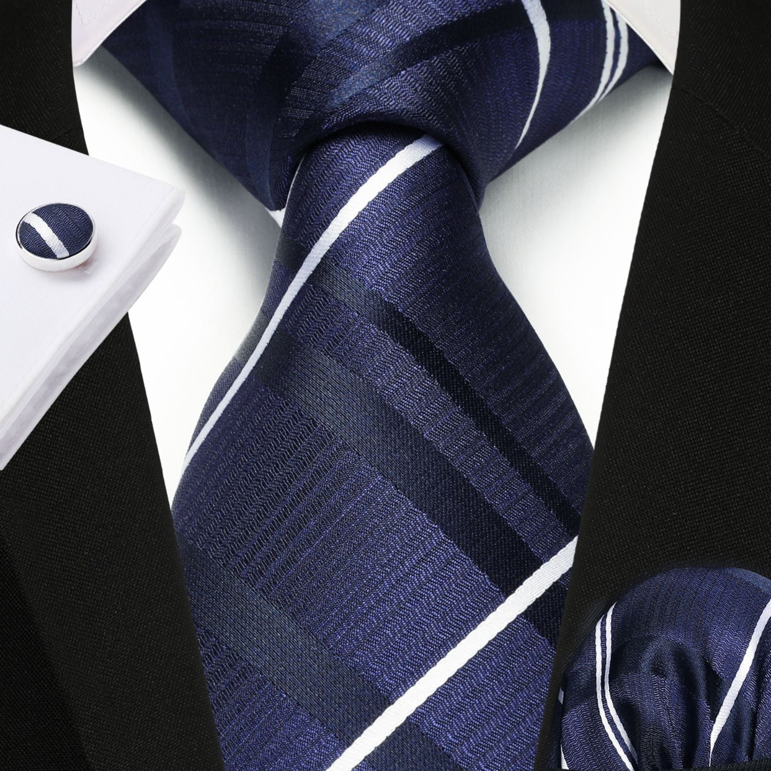 Hisdern Navy Blue Plaid Wedding Accessories Set with Cufflinks