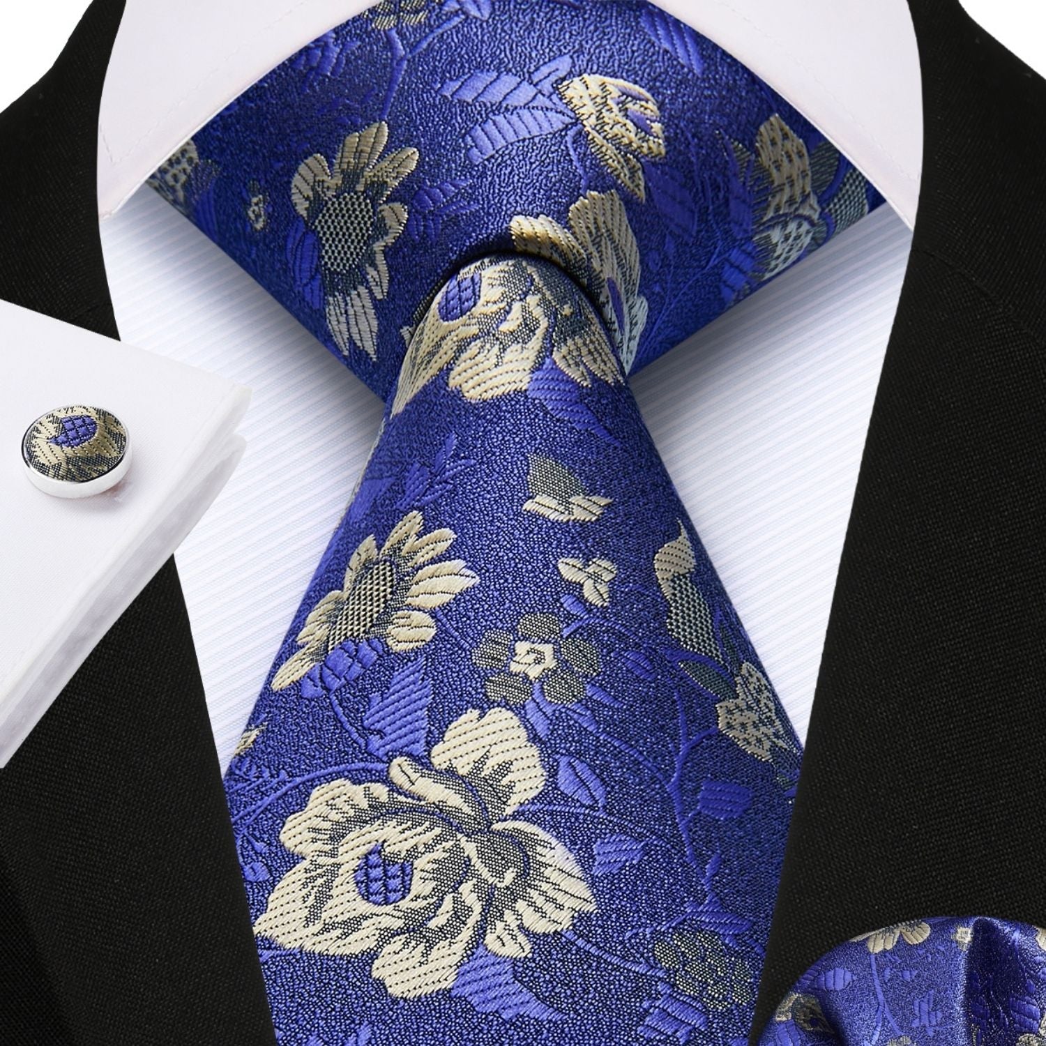 Hisdern Navy Blue Gold Floral Wedding Tie Set with Cufflinks