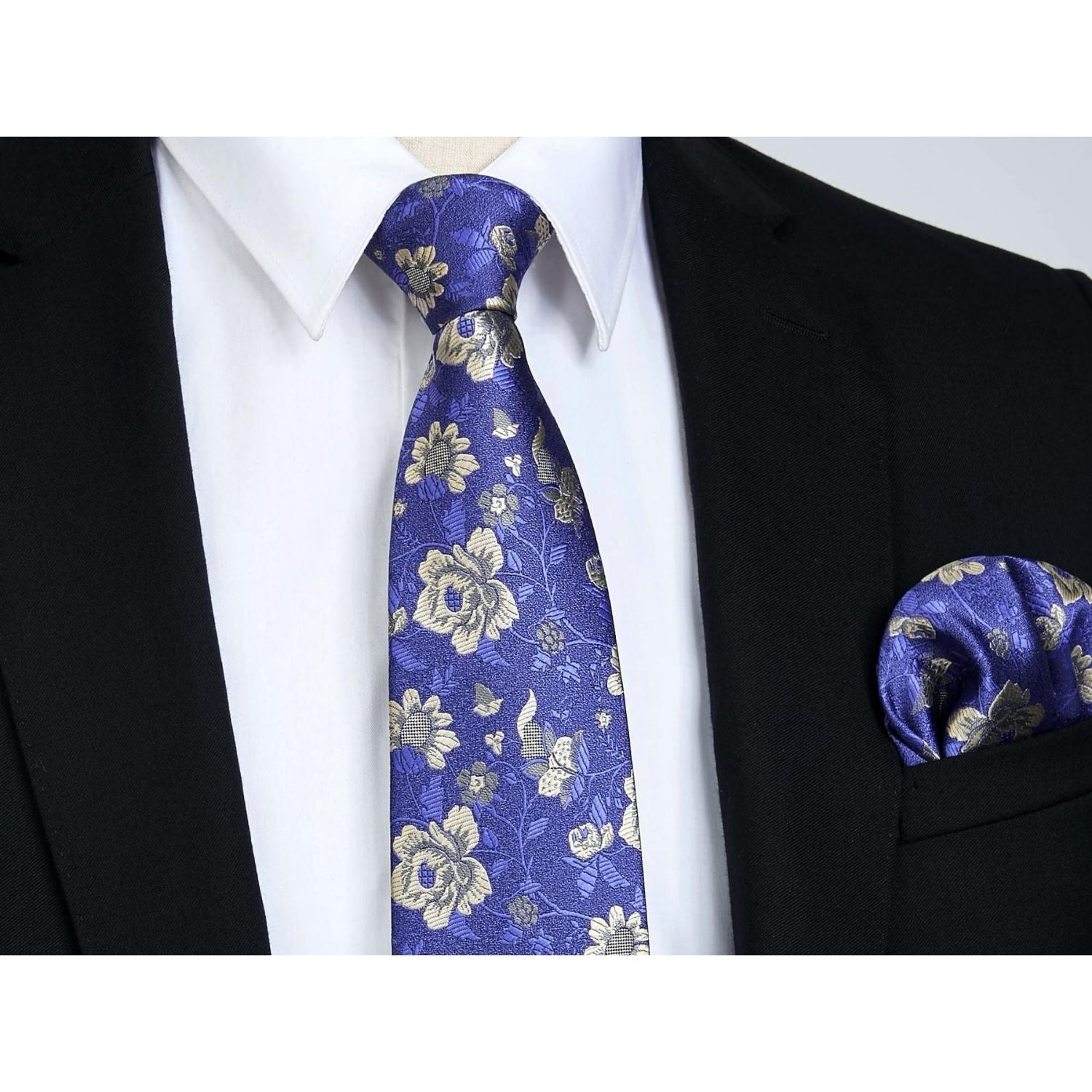 Hisdern Navy Blue Gold Floral Wedding Tie Set with Cufflinks