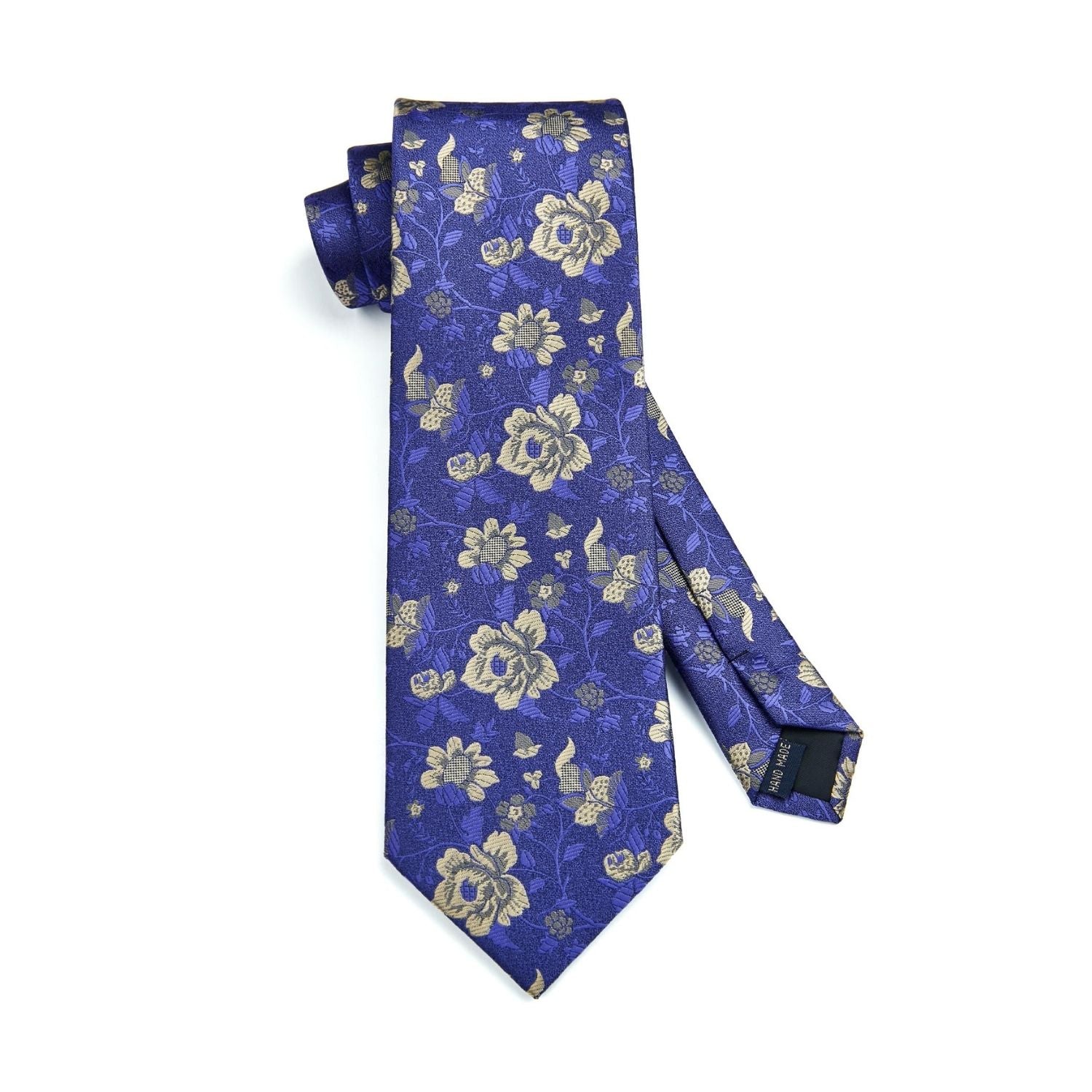 Hisdern Navy Blue Gold Floral Wedding Tie Set with Cufflinks