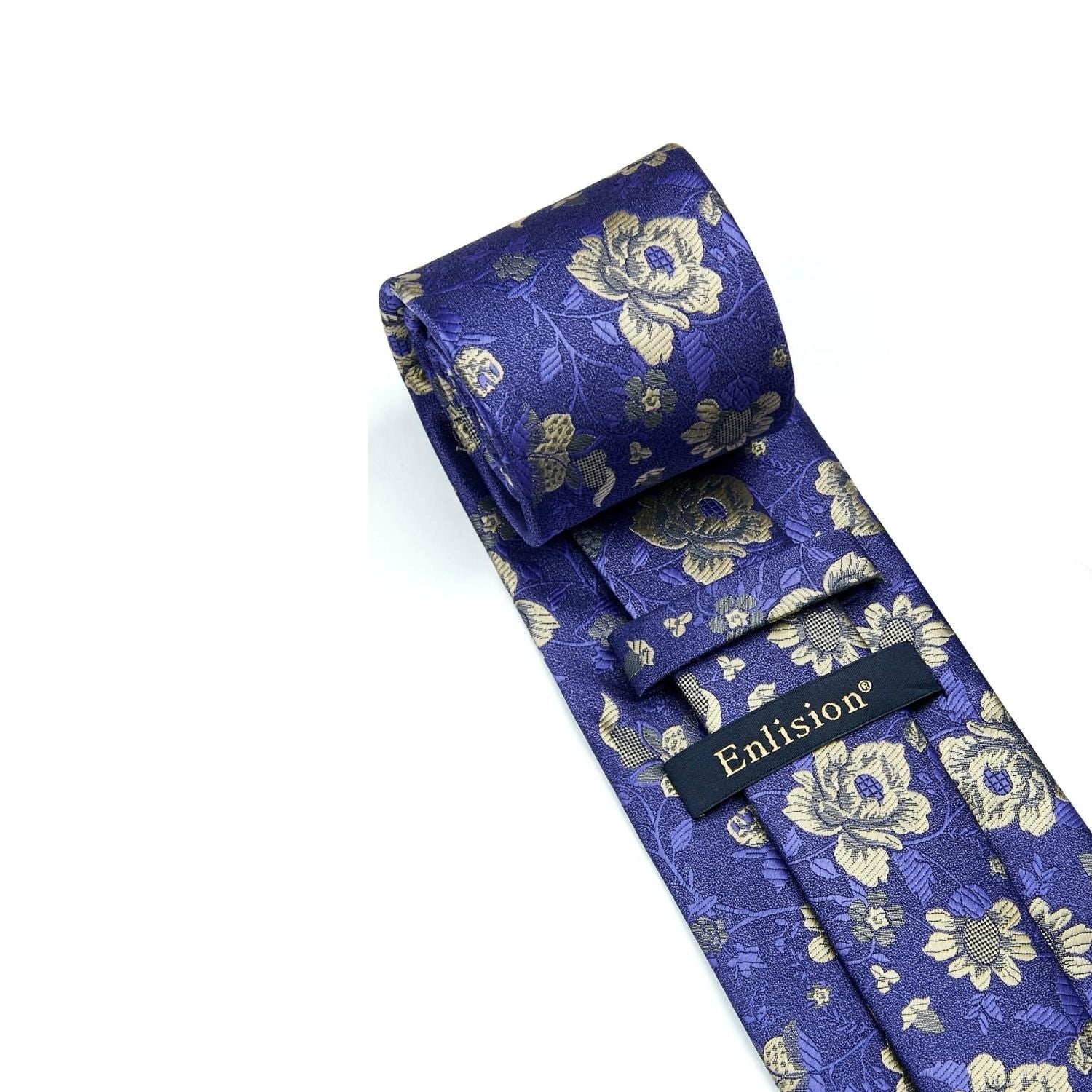 Hisdern Navy Blue Gold Floral Wedding Tie Set with Cufflinks