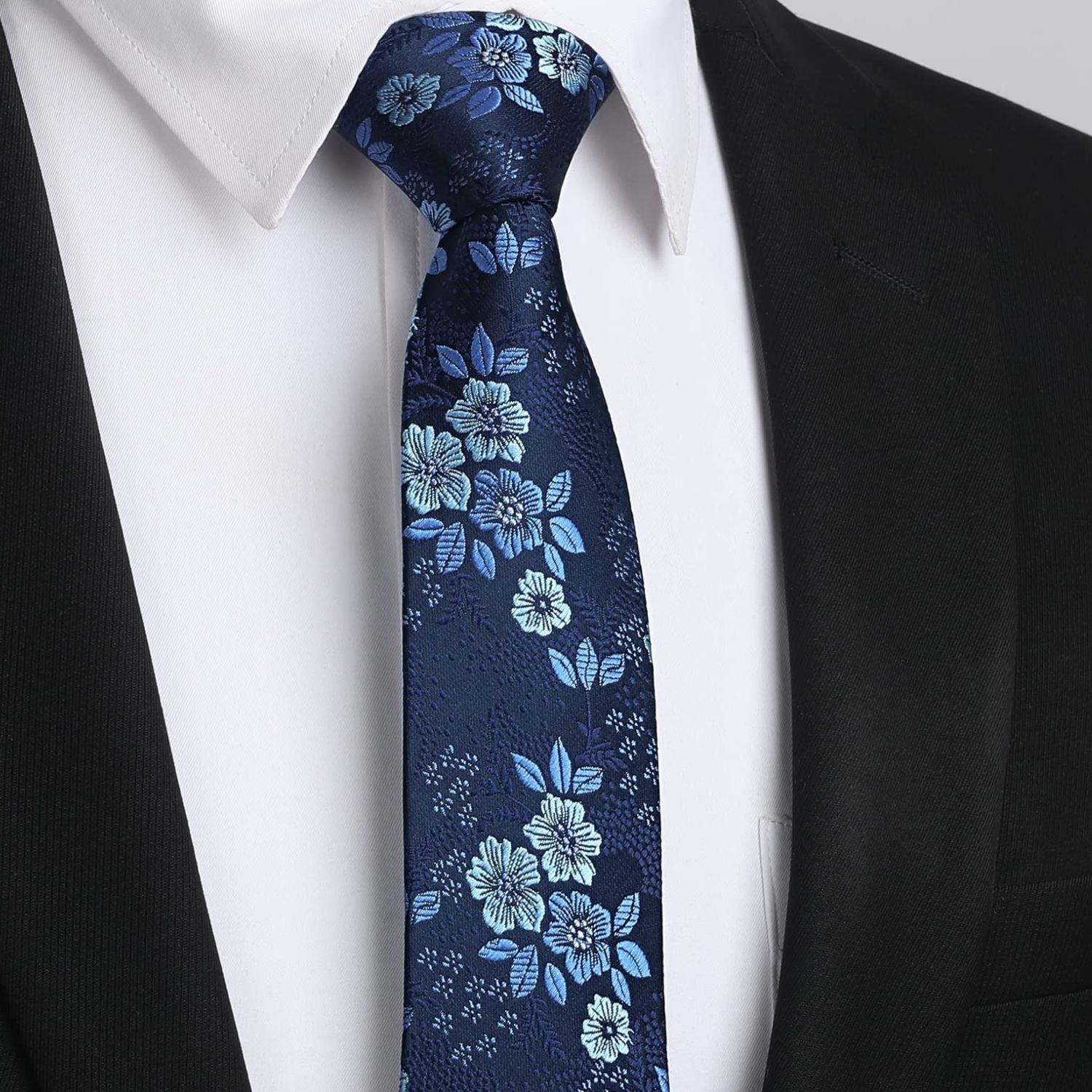 Hisdern Floral Print Skinny Tie Slim 2.17'' Formal Blue Wedding Tie