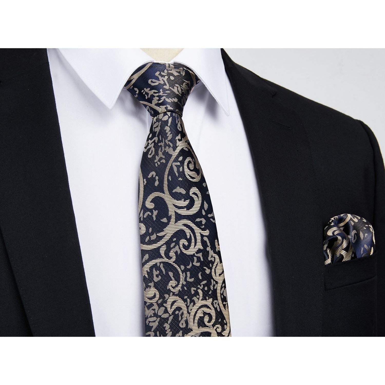 Hisdern Navy Blue Paisley Tie Set For Formal Wear