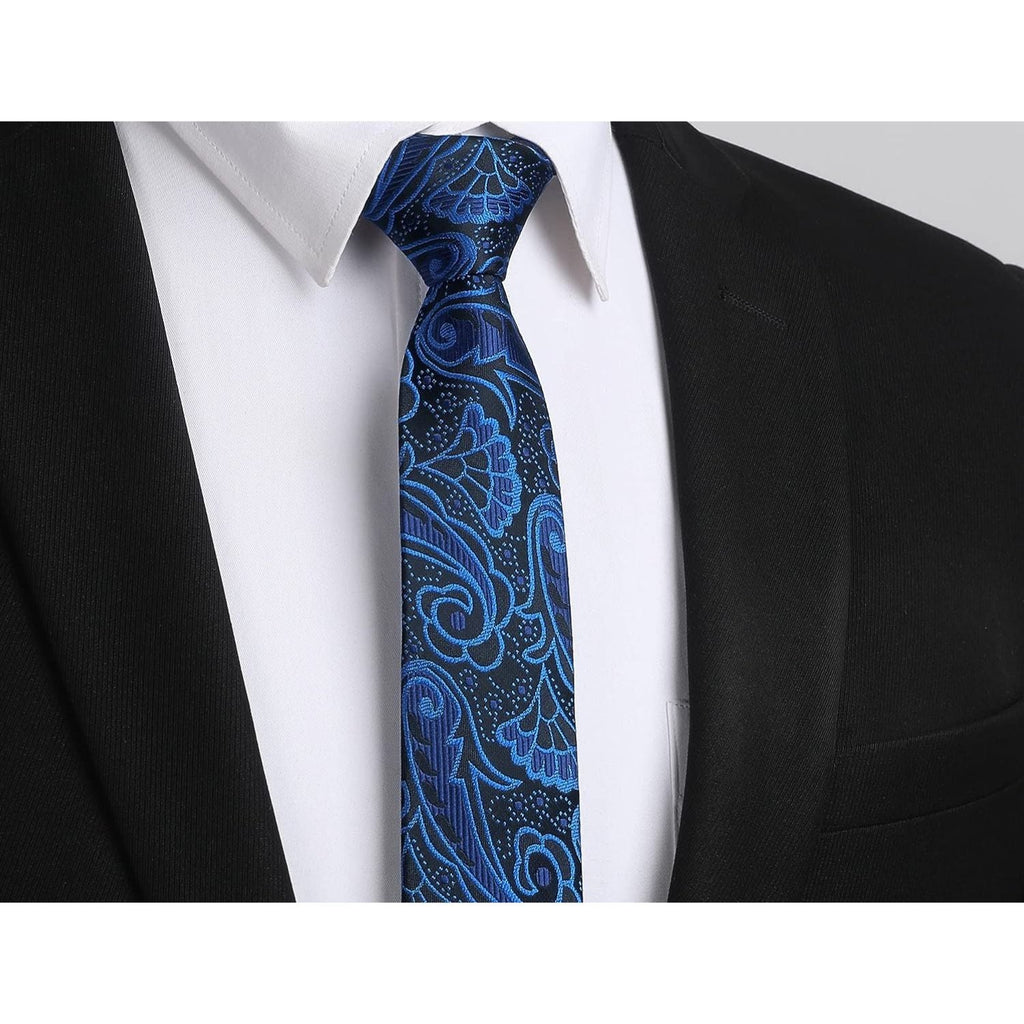 Hisdern Paisley Print Skinny Tie Slim 2.17'' Formal Blue Wedding Tie
