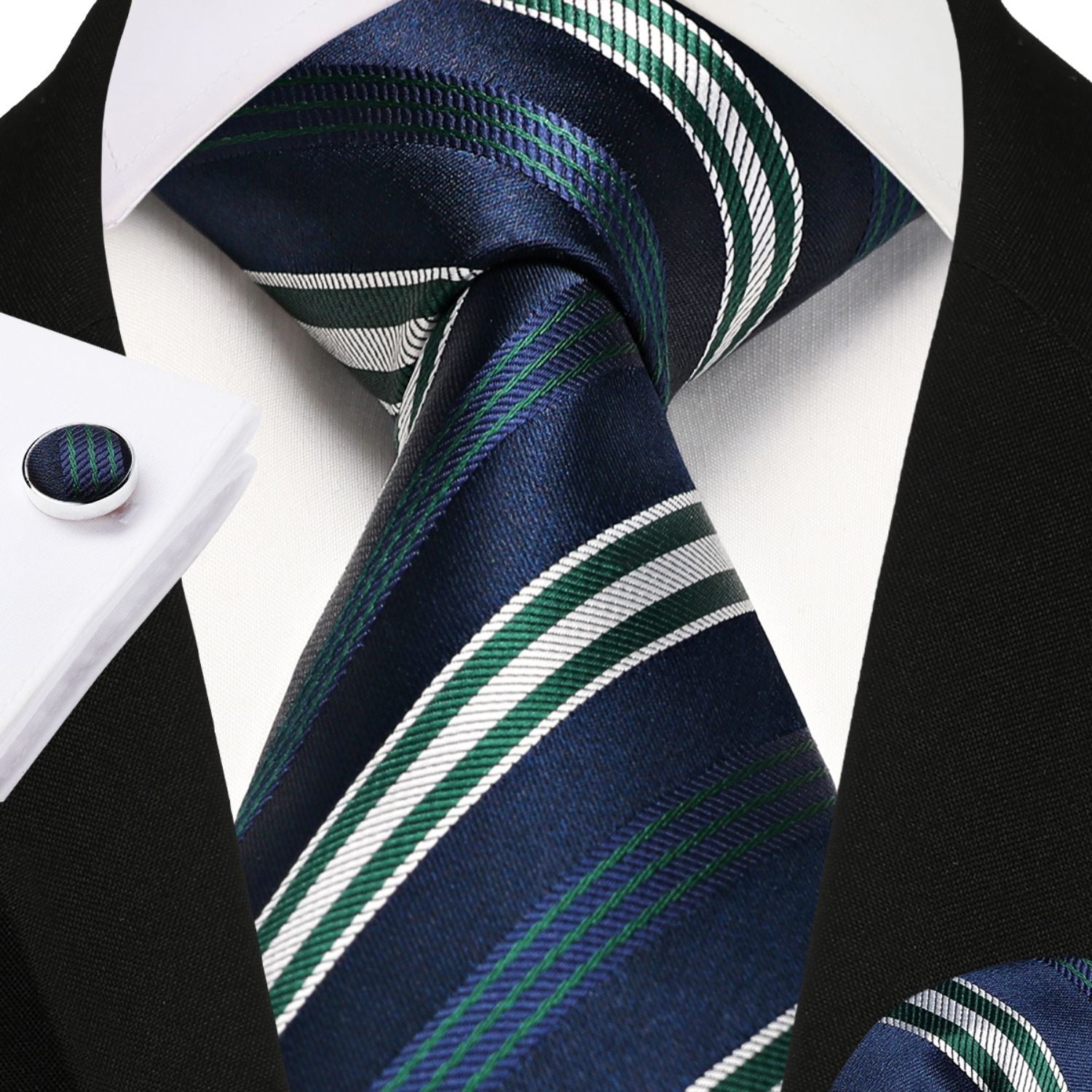 Hisdern Navy Blue Striped Business Accessories Set with Cufflinks