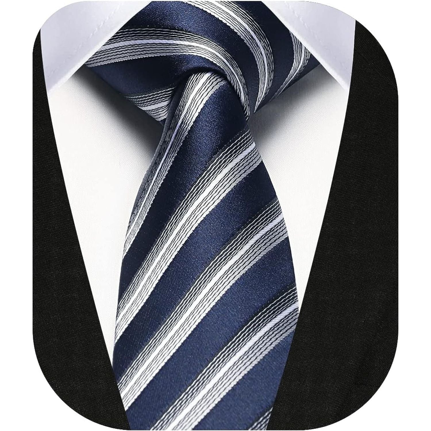 Hisdern Striped Print Skinny Tie Slim 2.17'' Formal Navy Blue Silver Wedding Tie