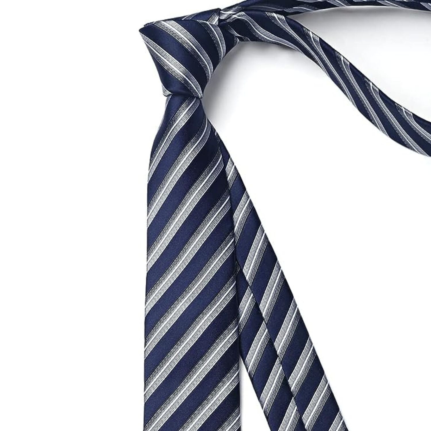 Hisdern Striped Print Skinny Tie Slim 2.17'' Formal Navy Blue Silver Wedding Tie