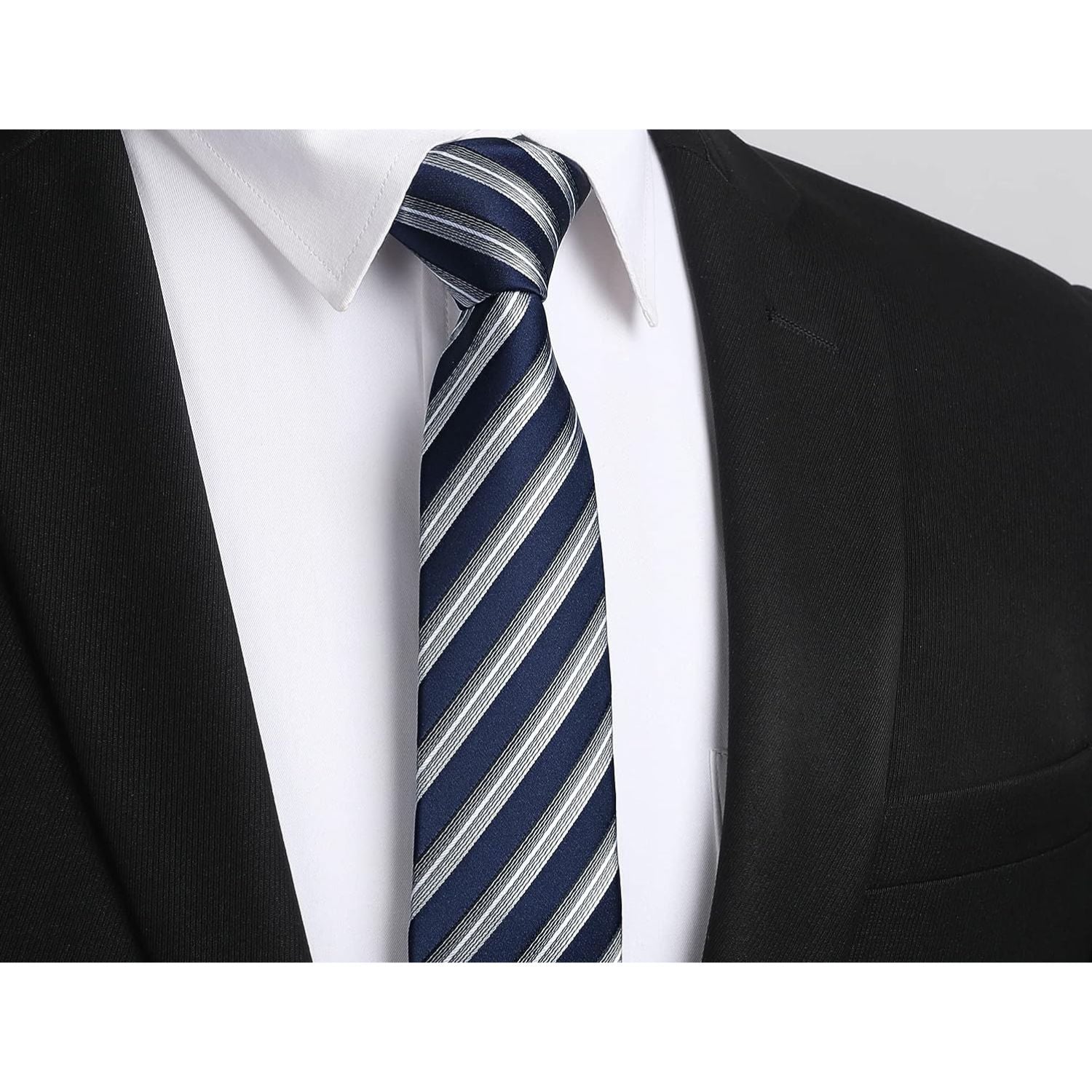 Hisdern Striped Print Skinny Tie Slim 2.17'' Formal Navy Blue Silver Wedding Tie