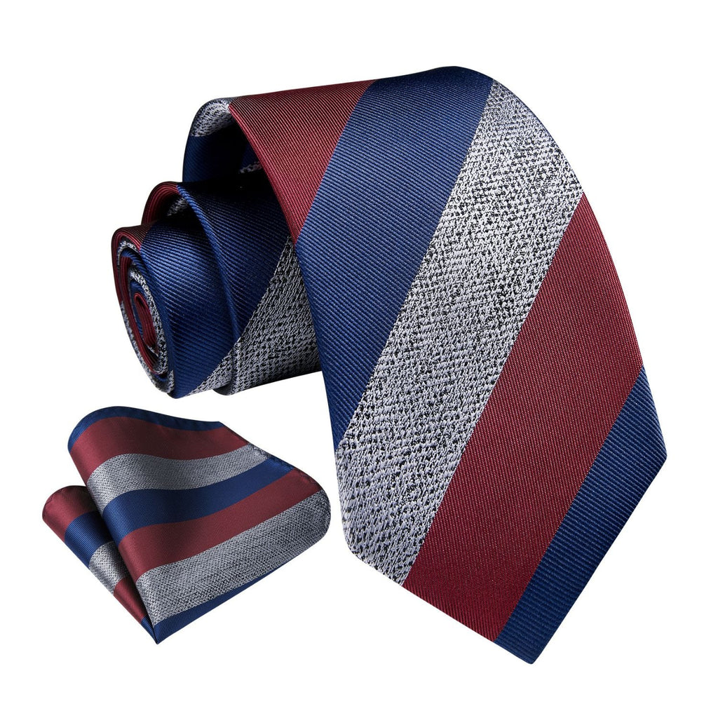 Stripe Tie Handkerchief Set - 43 BRUGUNDY/NAVY BLUE