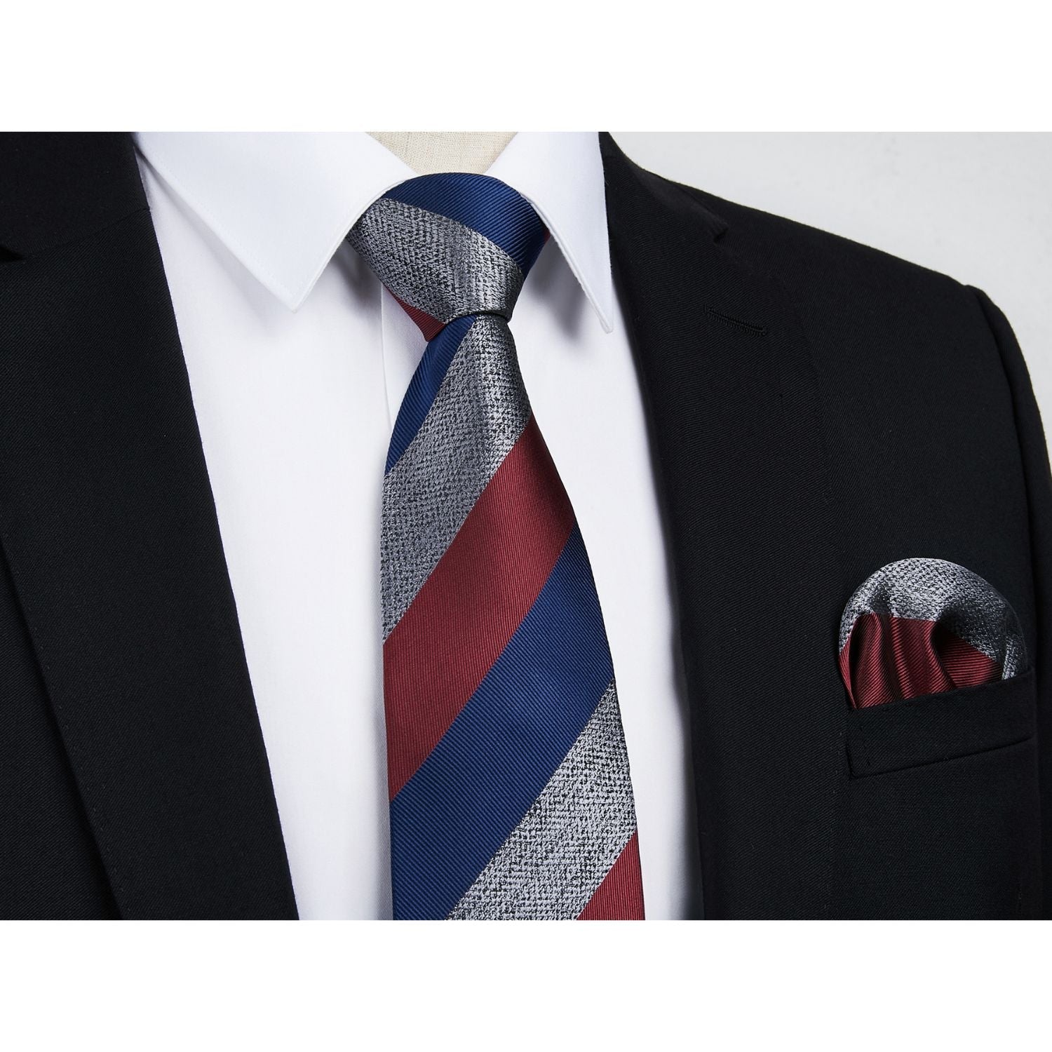 Hisdern Burgundy Navy Blue Striped Business Tie Set