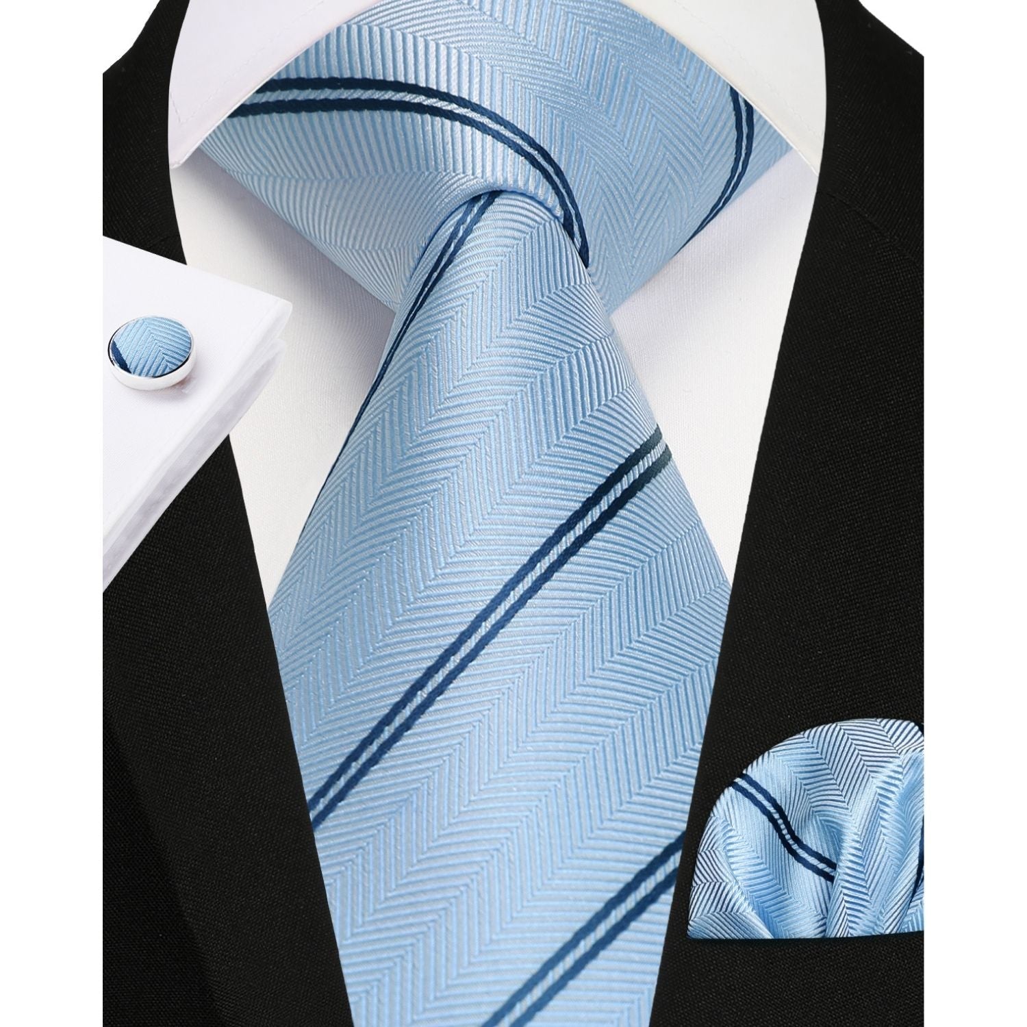 Hisdern Light Blue Striped Business Accessories Set with Cufflinks