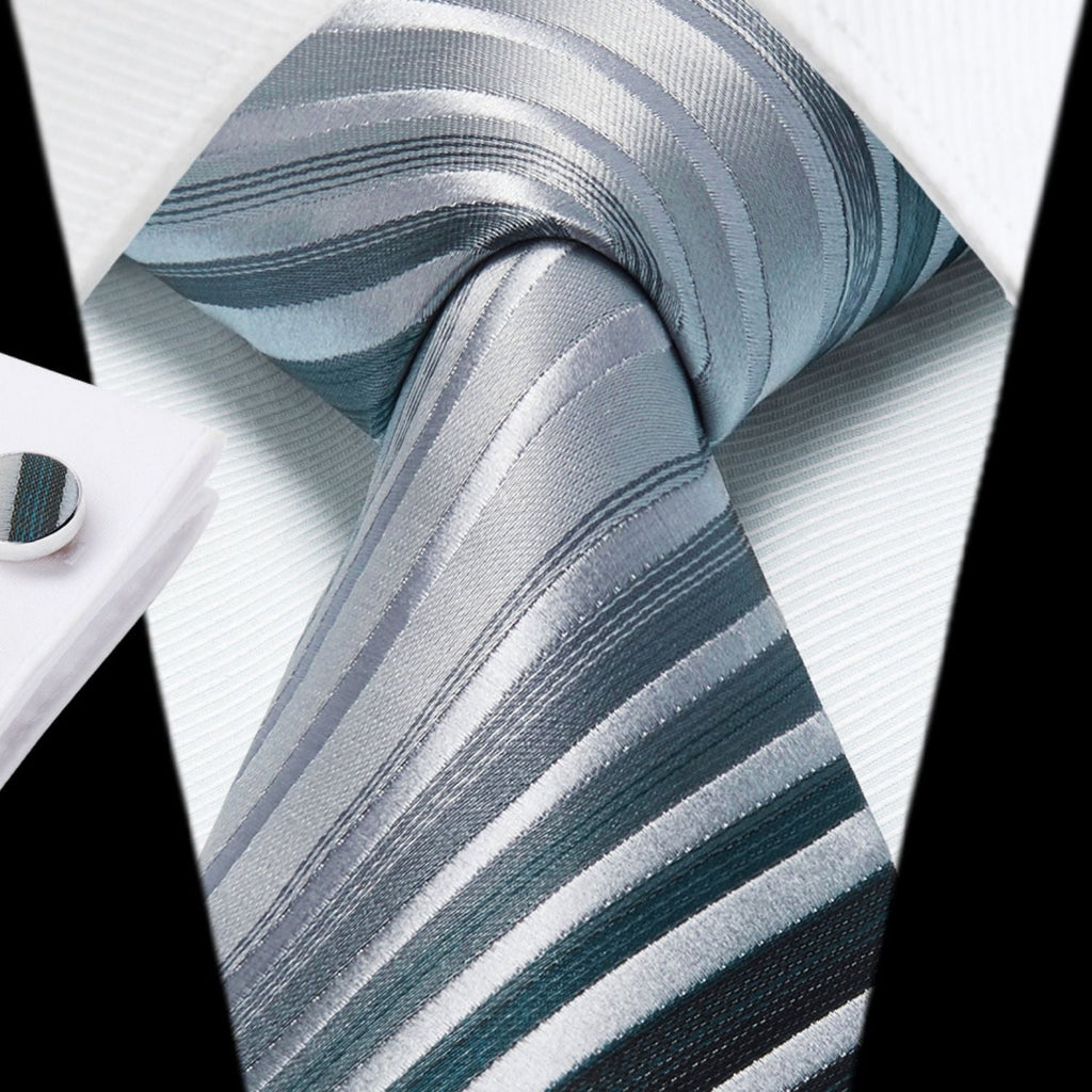 Hisdern Silver Striped Wedding Accessories Set with Cufflinks