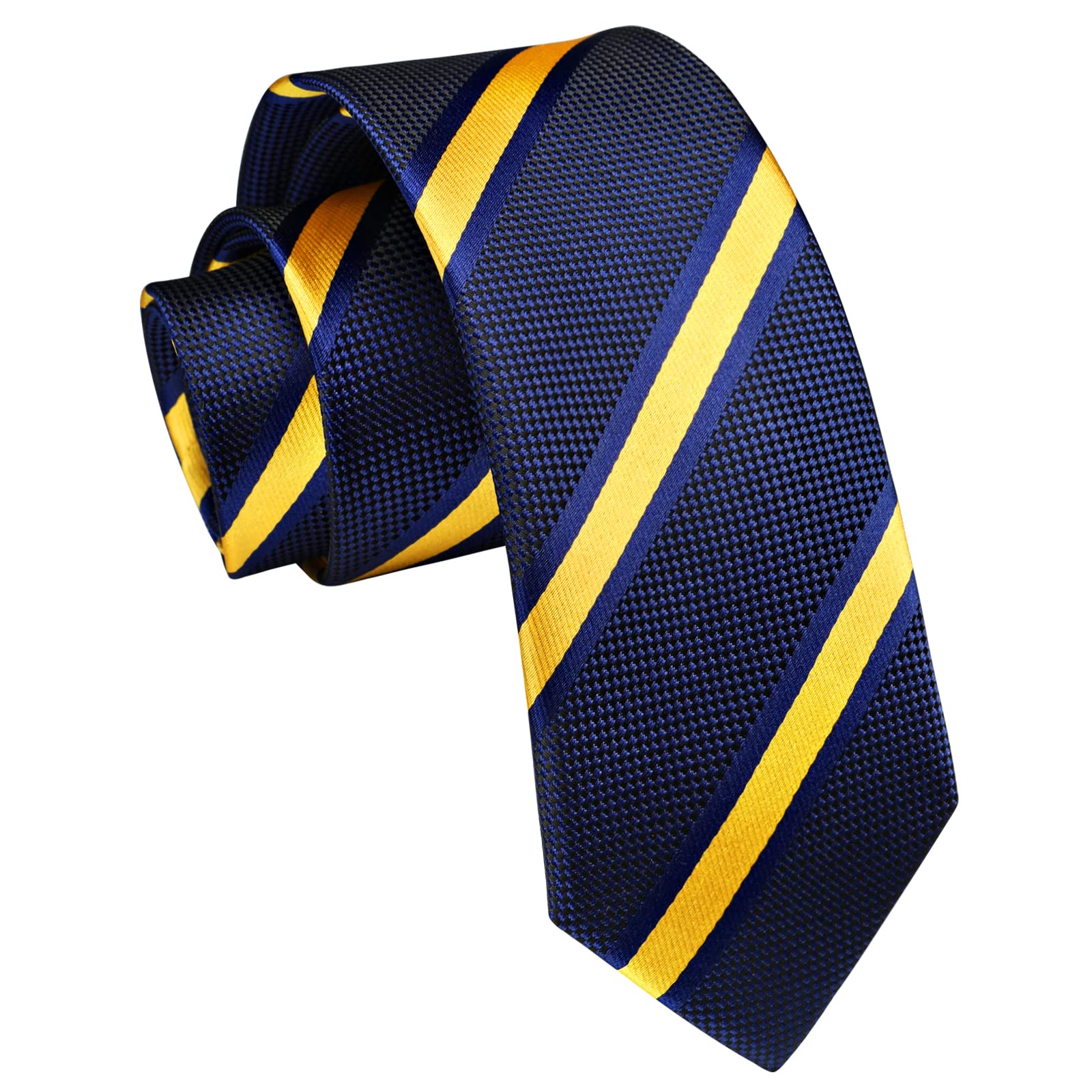 Hisdern Striped Print Skinny Tie Slim 2.17'' Formal Navy Yellow Wedding Tie