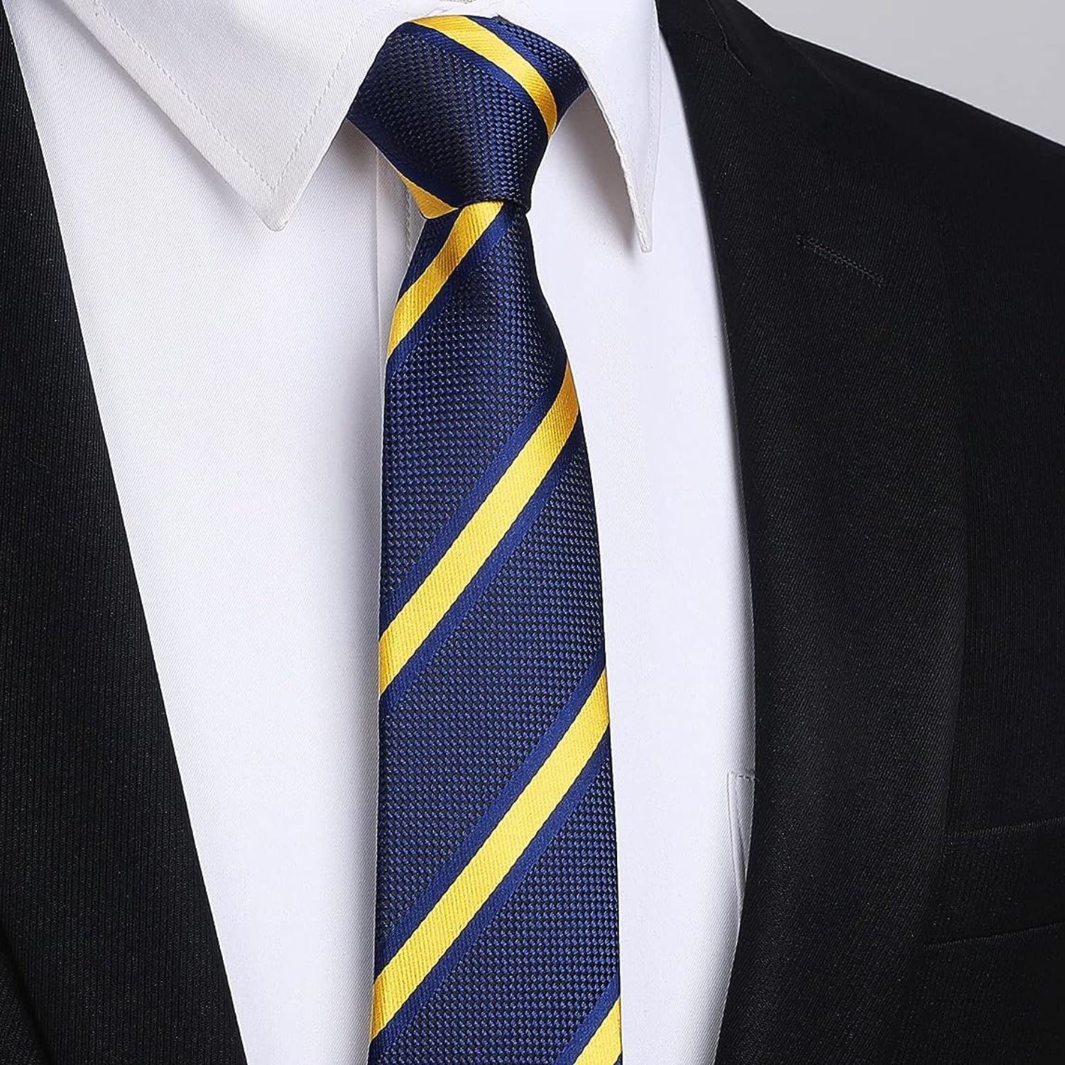 Hisdern Striped Print Skinny Tie Slim 2.17'' Formal Navy Yellow Wedding Tie