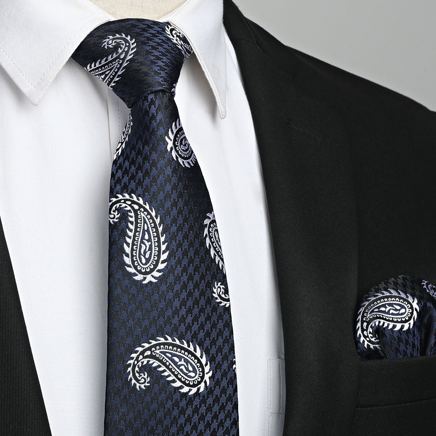Hisdern Navy Blue Paisley Tie Set For Formal Wear