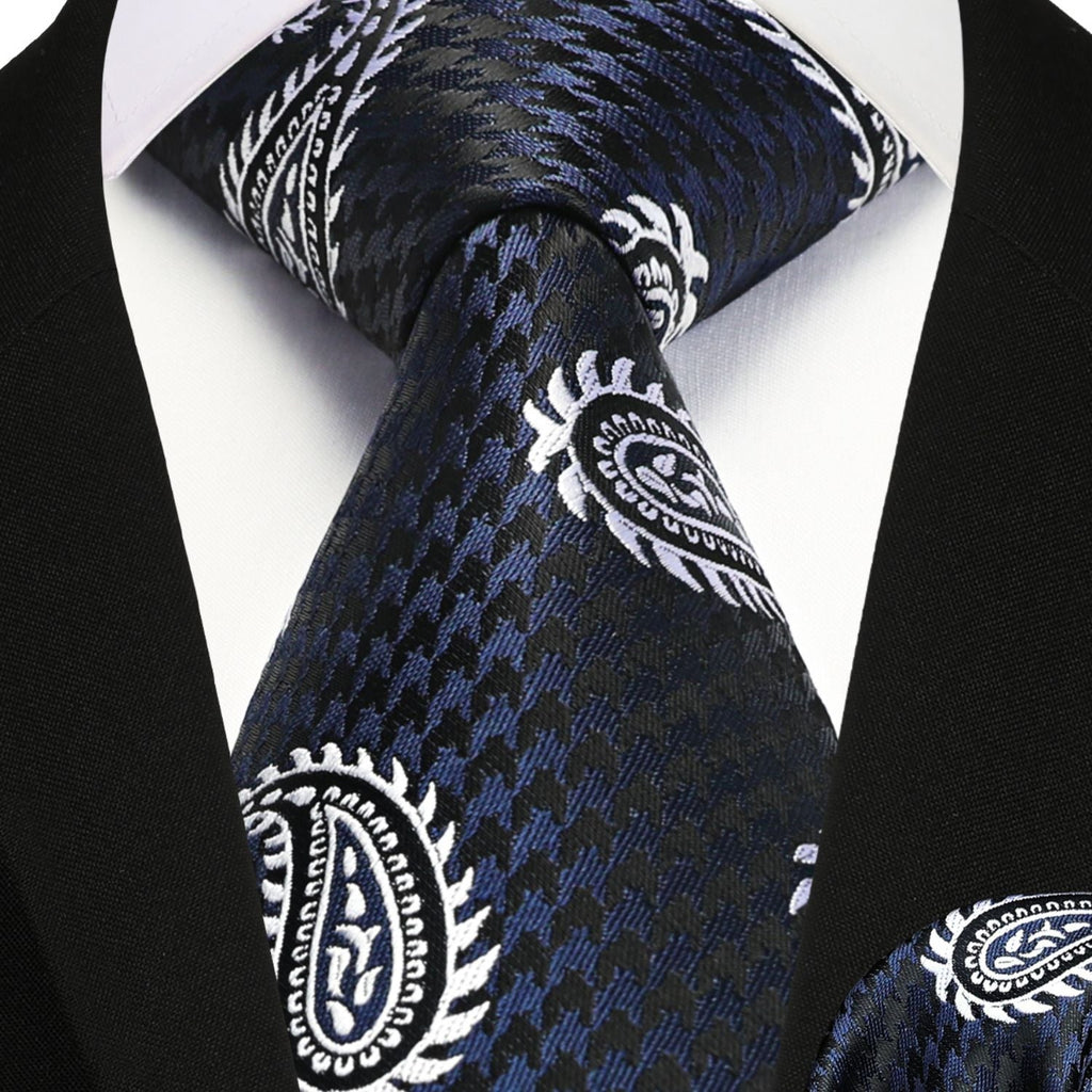 Hisdern Navy Blue Paisley Tie Set For Formal Wear