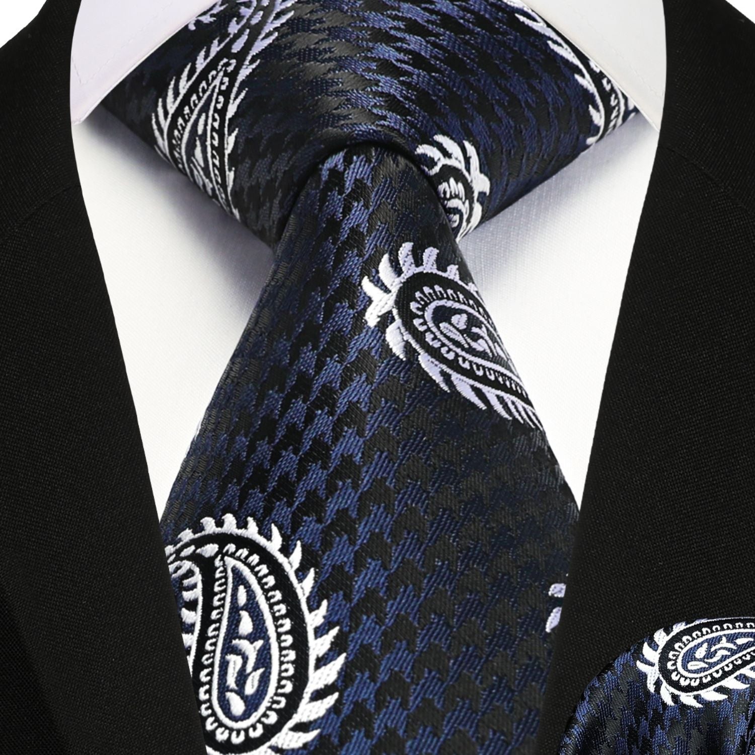 Hisdern Navy Blue Paisley Tie Set For Formal Wear