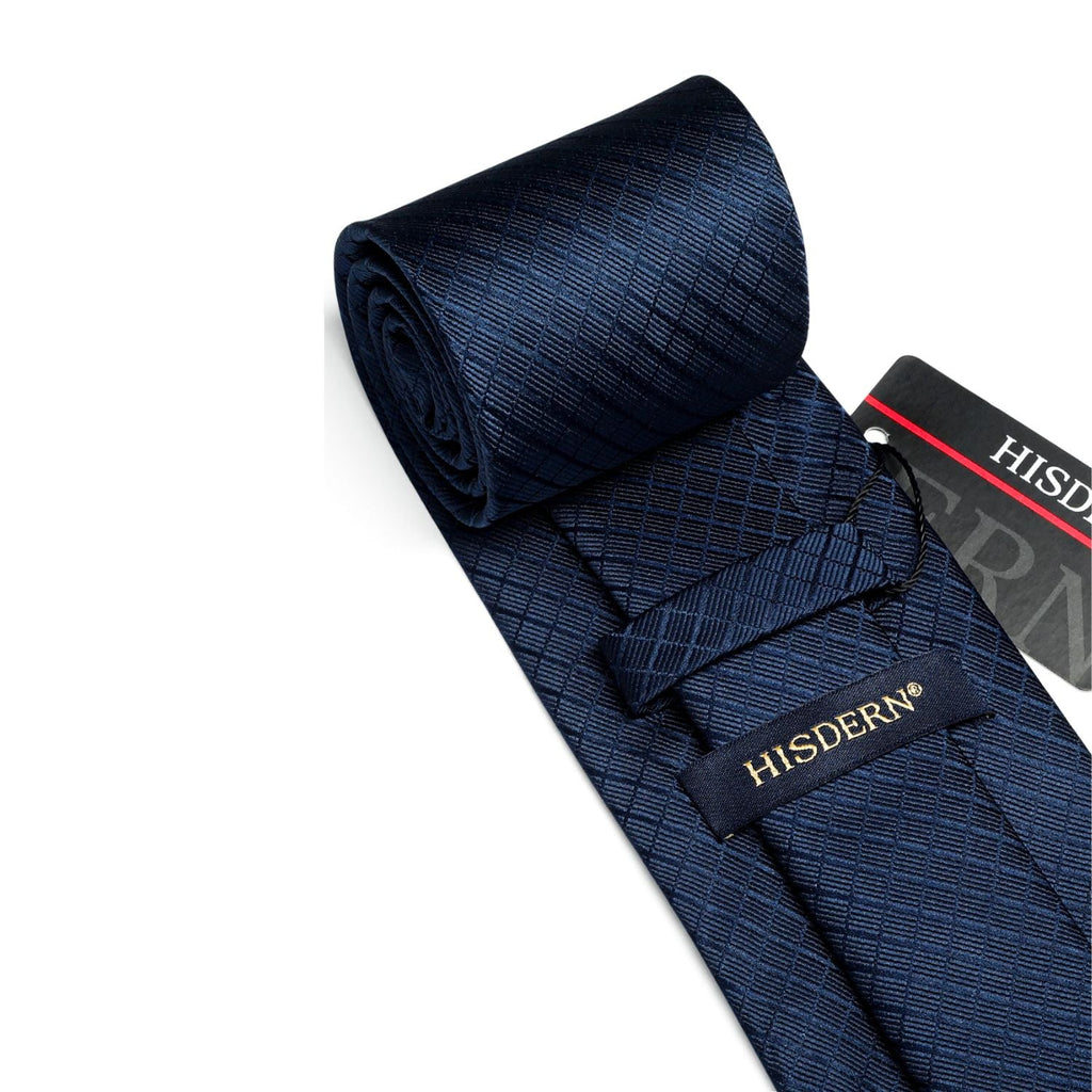 Hisdern Navy Blue Plaid Pocket Square With Matching Tie