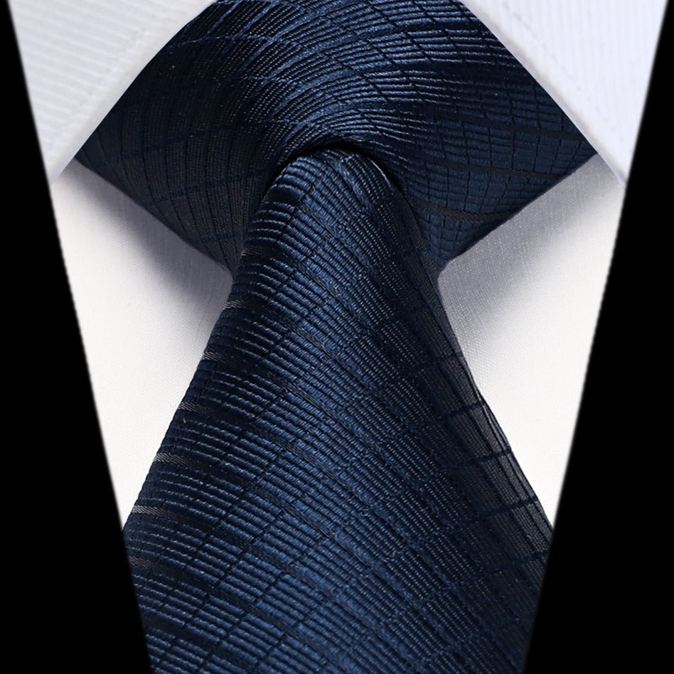 Hisdern Navy Blue Plaid Pocket Square With Matching Tie