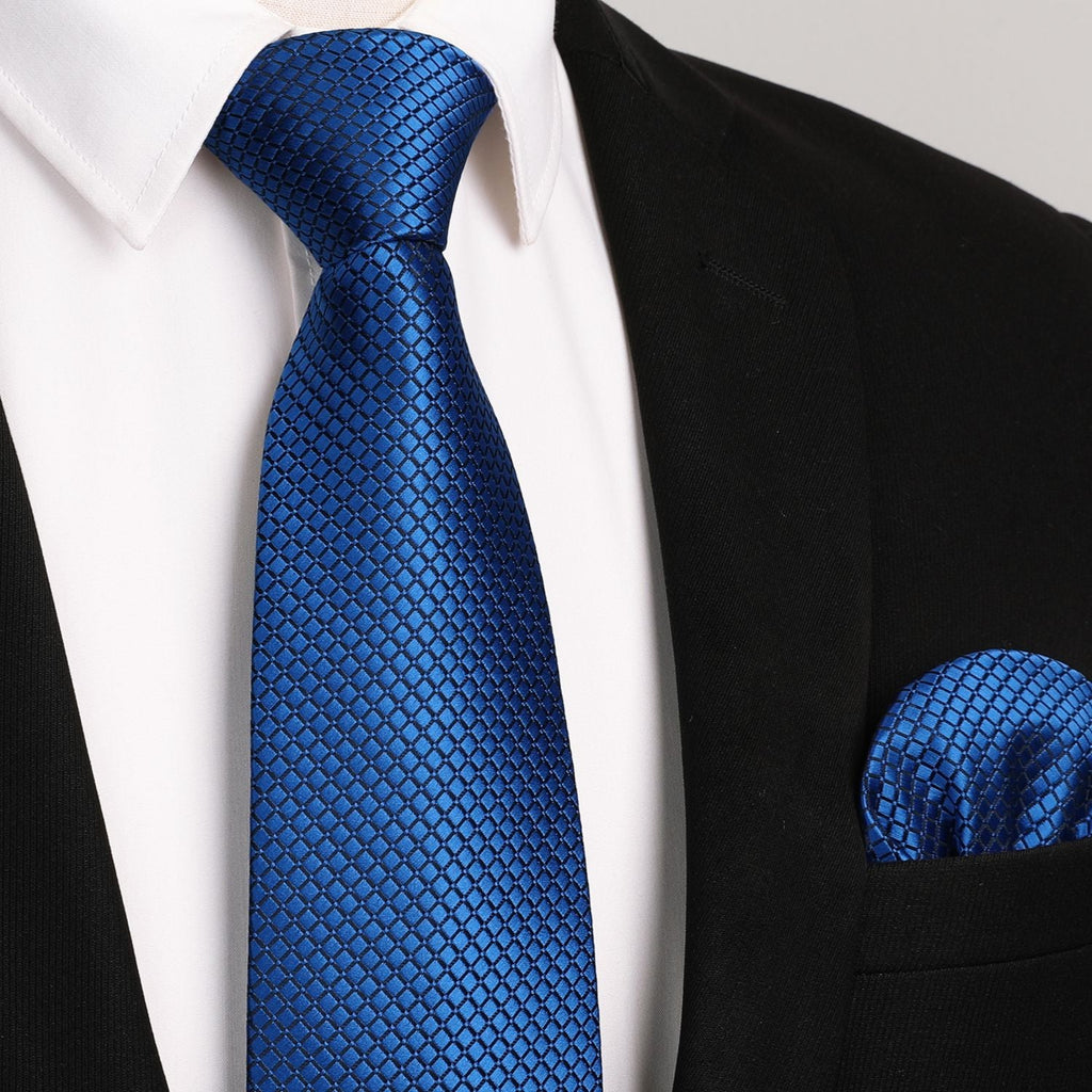 Hisdern Navy Blue Plaid Pocket Square With Matching Tie