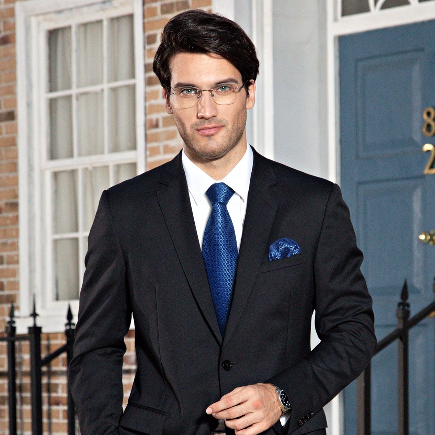 Hisdern Navy Blue Plaid Pocket Square With Matching Tie