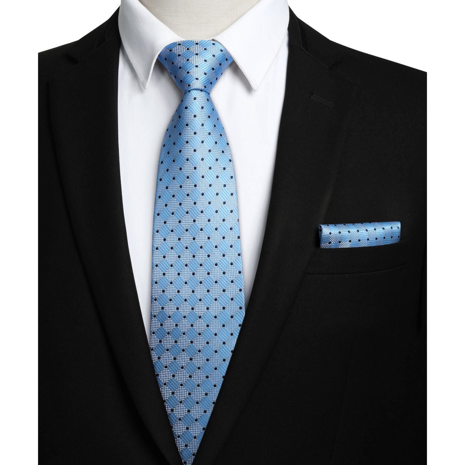 Hisdern Light Blue Plaid Pocket Square With Matching Tie