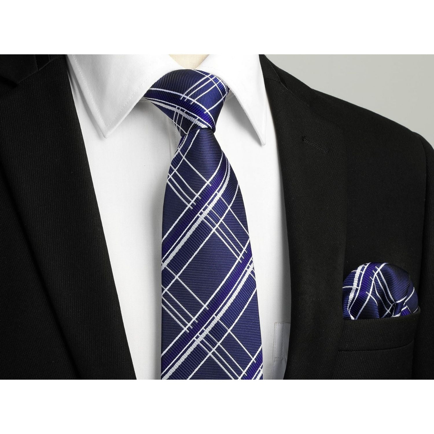 Hisdern Navy Blue Plaid Tie Set For Groomsmen