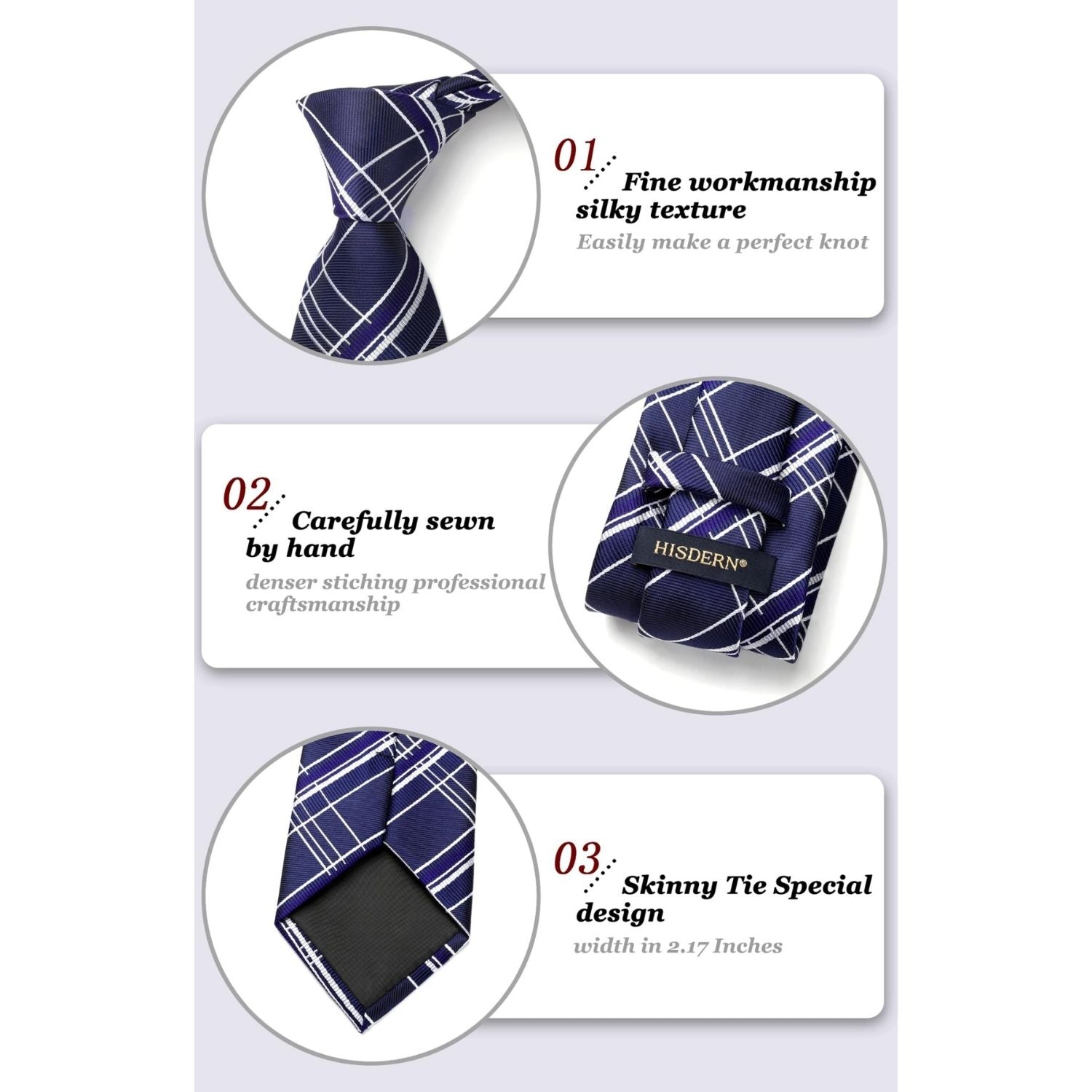 Hisdern Navy Blue Plaid Tie Set For Groomsmen