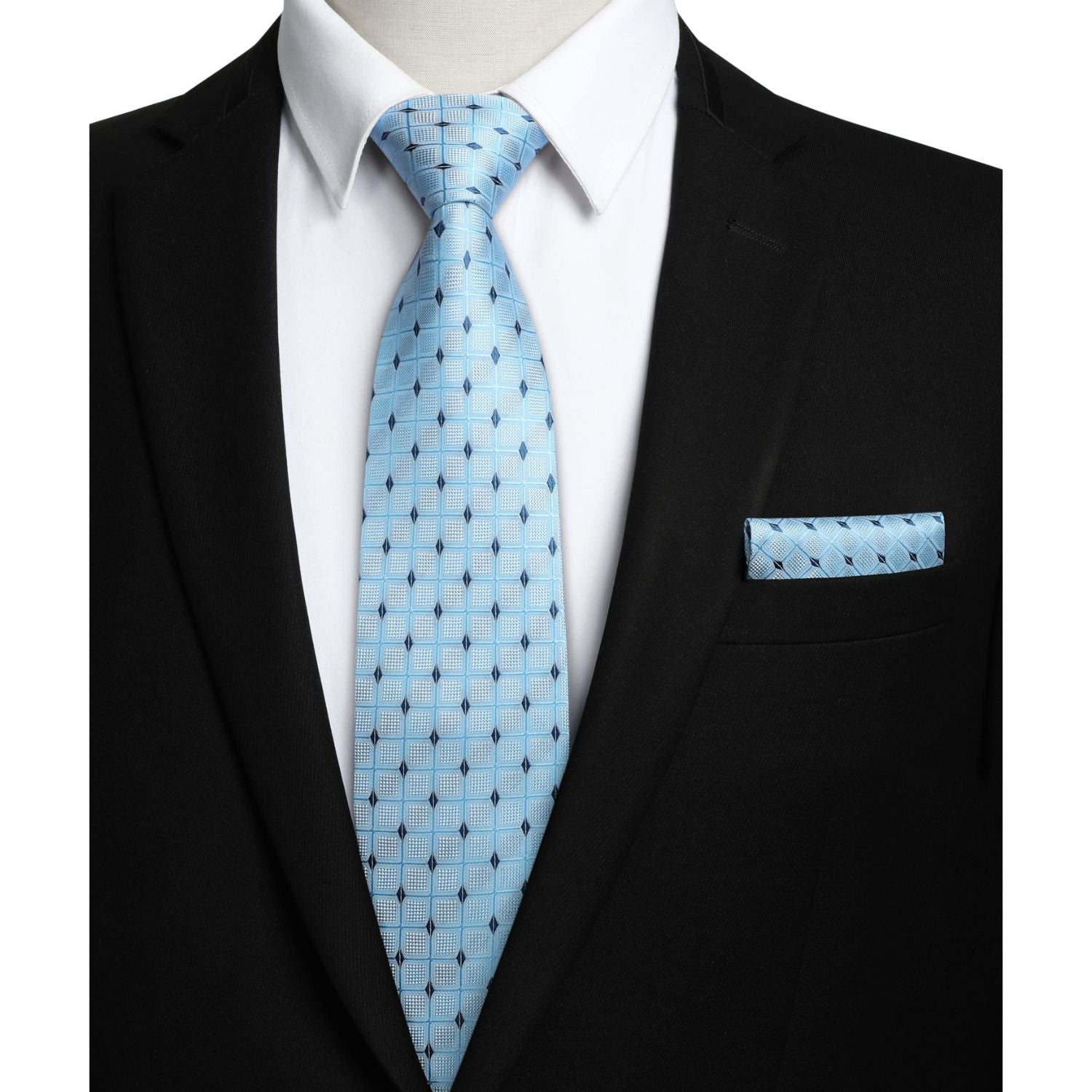 Hisdern Light Blue Navy Plaid Pocket Square With Matching Tie