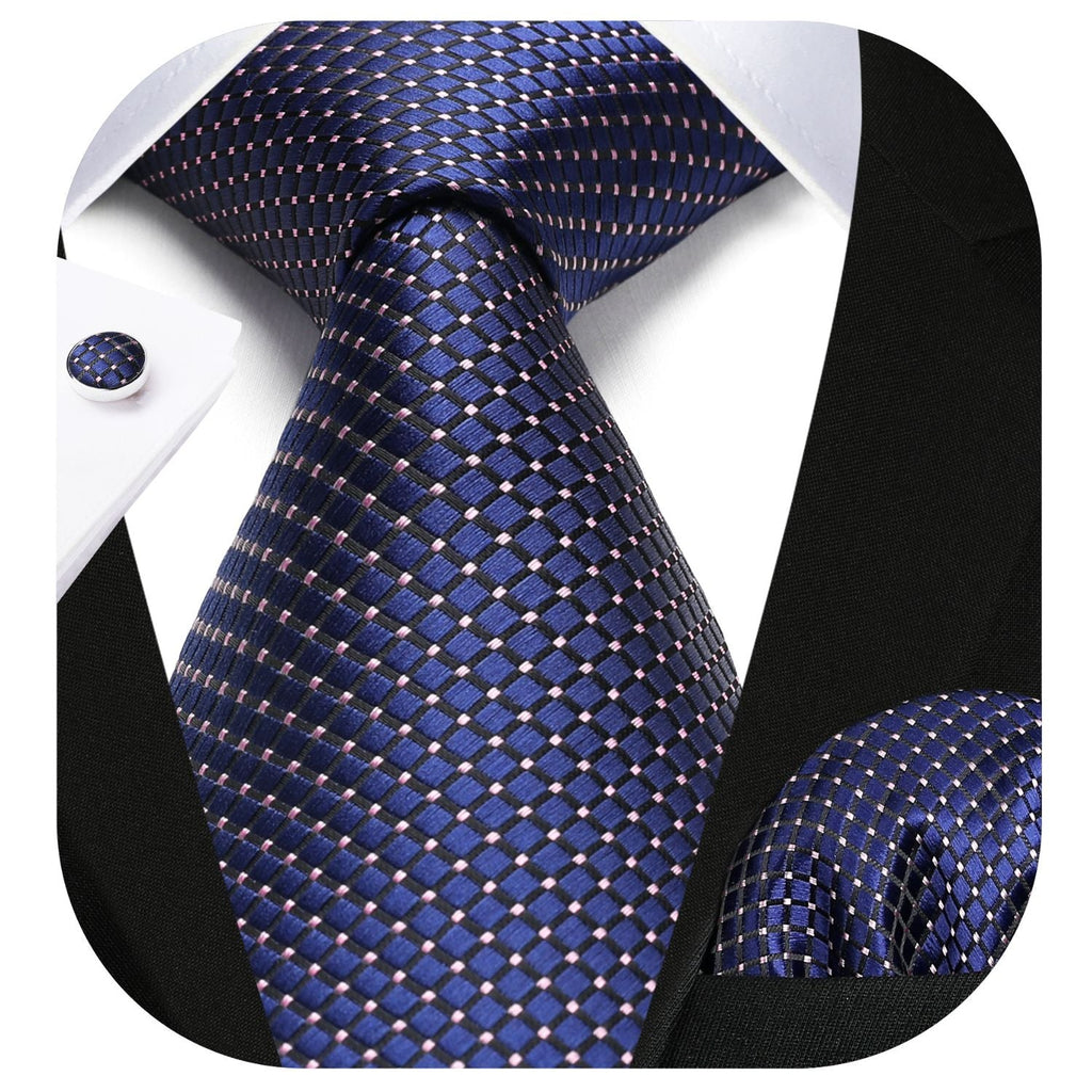 Hisdern Navy Blue Plaid Wedding Accessories Set with Cufflinks