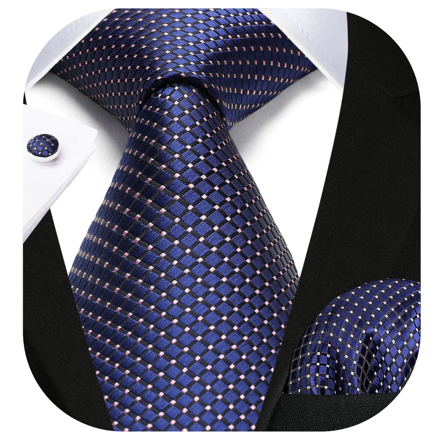 Hisdern Navy Blue Plaid Wedding Accessories Set with Cufflinks